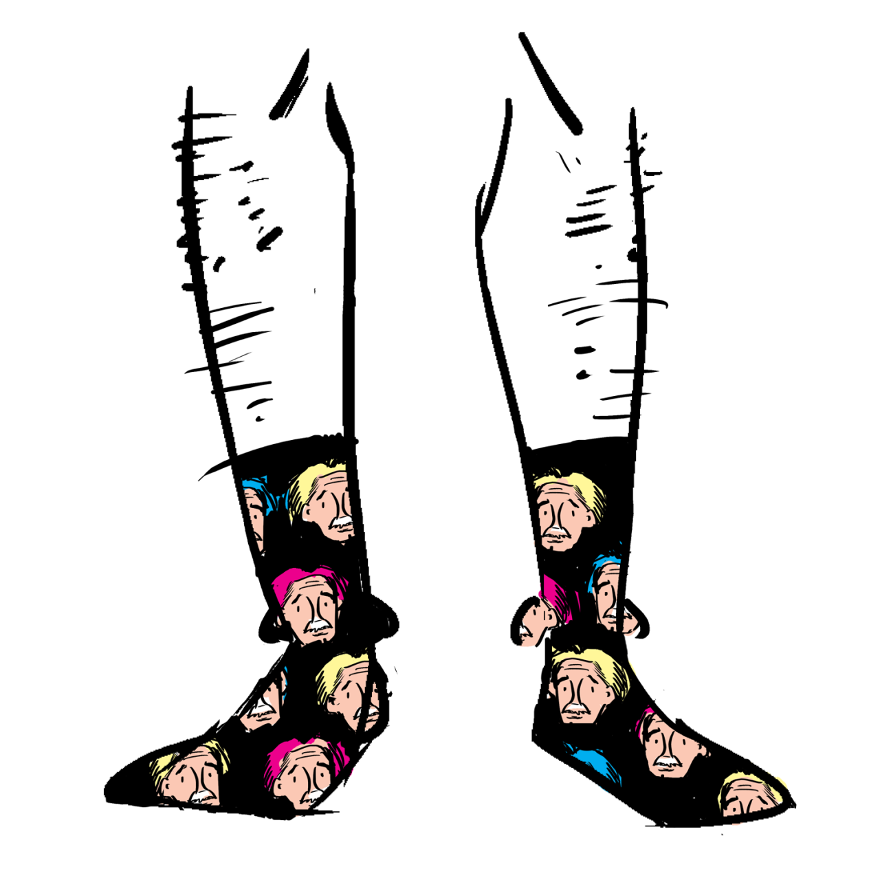 Black socks with the face of Einstein repeated as a pattern. His hair is pink, blue, and yellow.