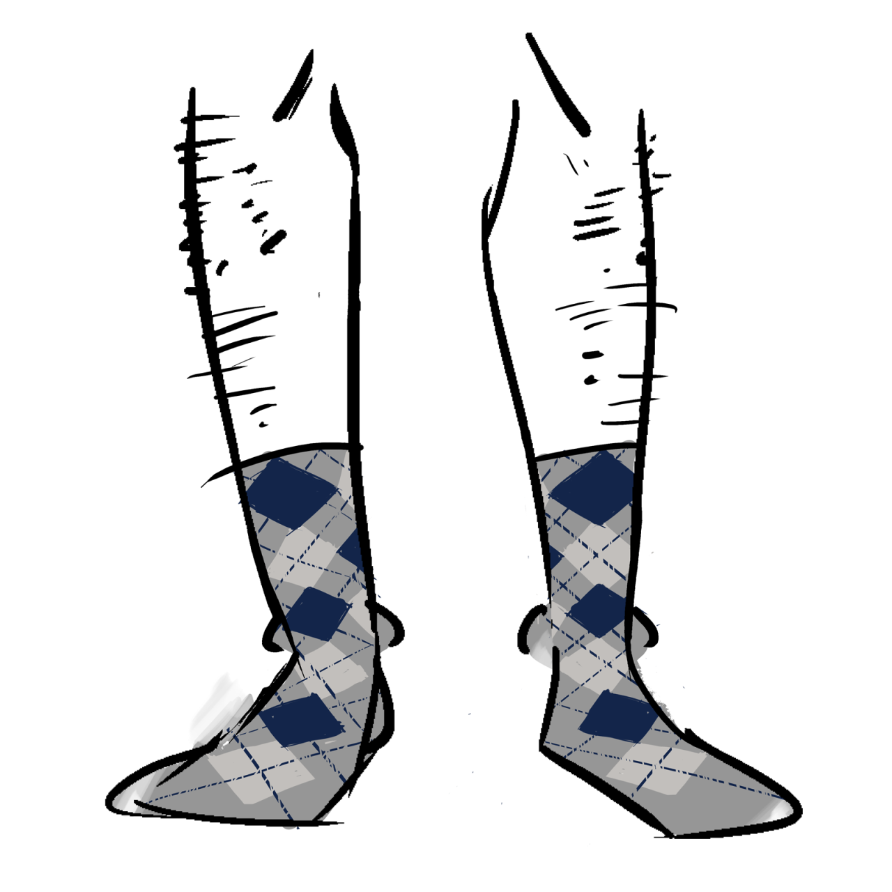 Grey socks with a blue and light grey argyle pattern