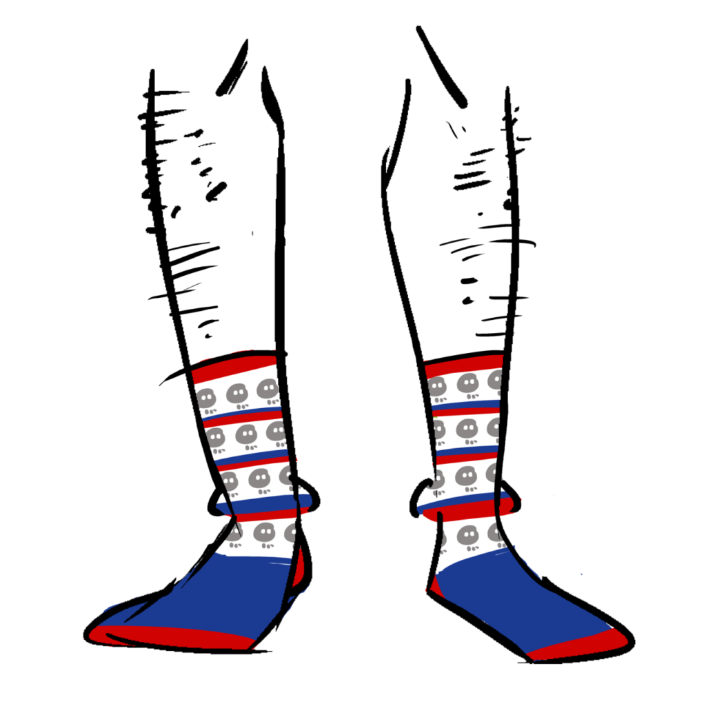 White socks with blue feet. The calves have an alternating row pattern of skulls and red stripes