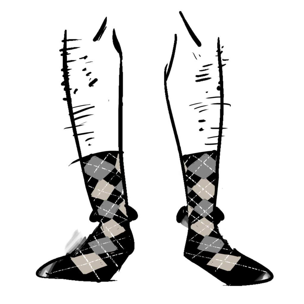 Black socks with a grey and beige argyle pattern