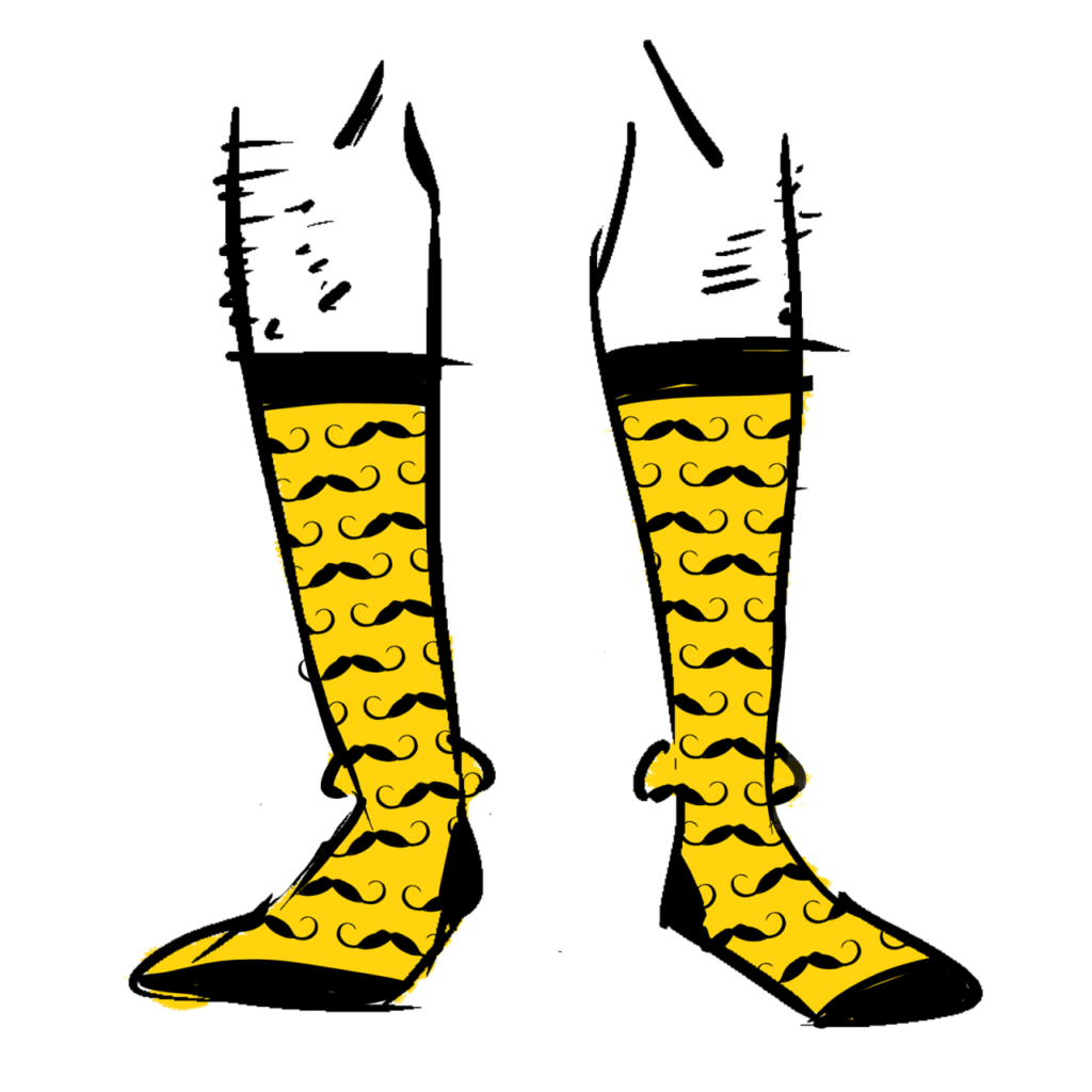 Yellow socks with a pattern of curled "Dali style" mustaches on them