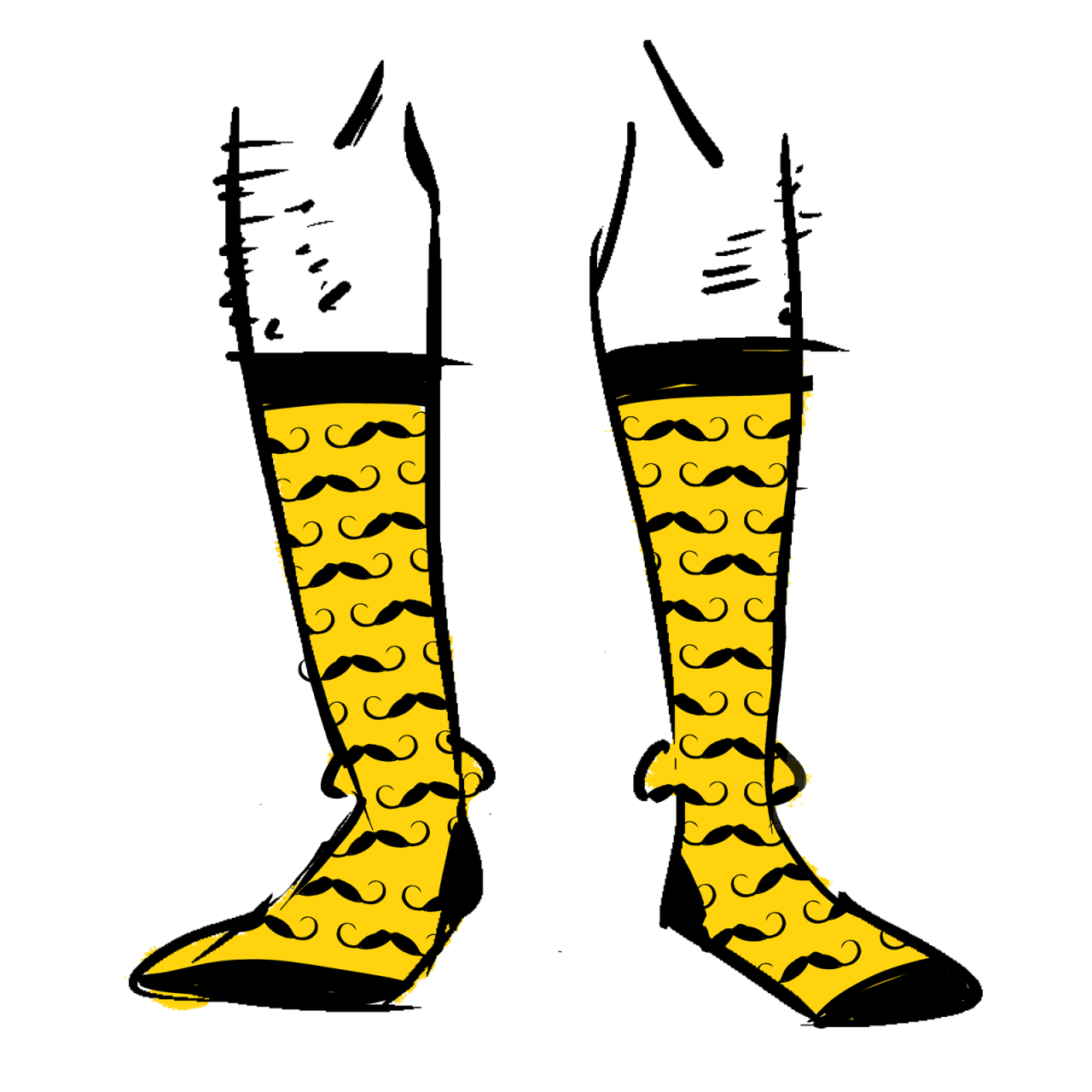 Yellow socks with a pattern of curled "Dali style" mustaches on them