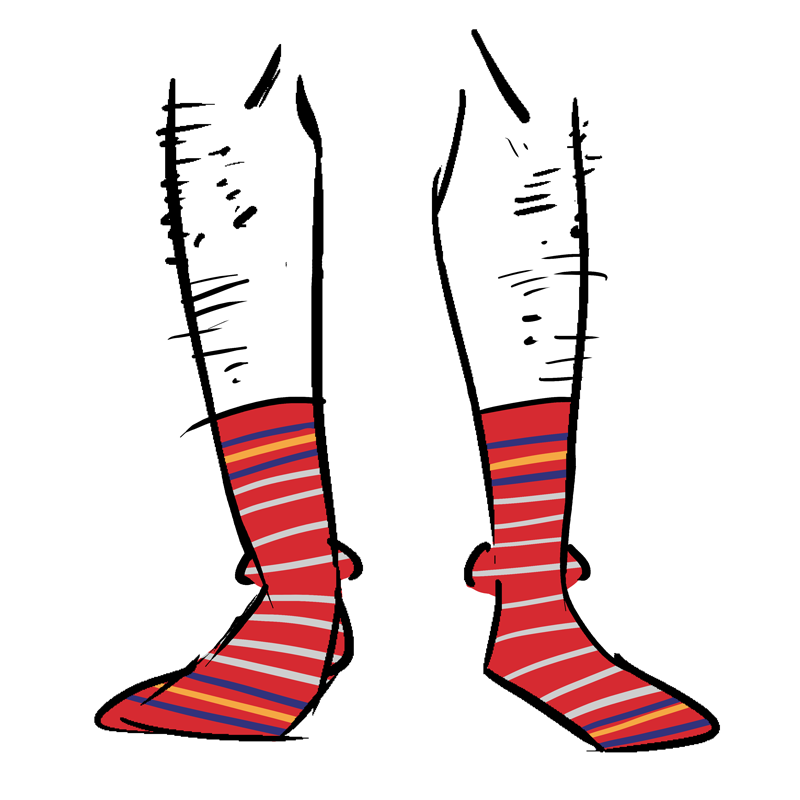 Red socks with grey stripes. Near the top and toe are blue and orange stripes.