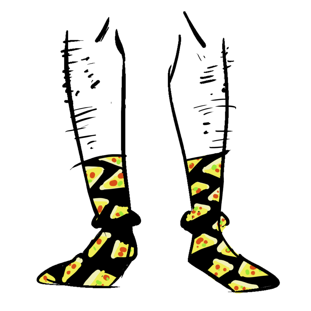 Black socks with slices of pepperoni pizza as a pattern