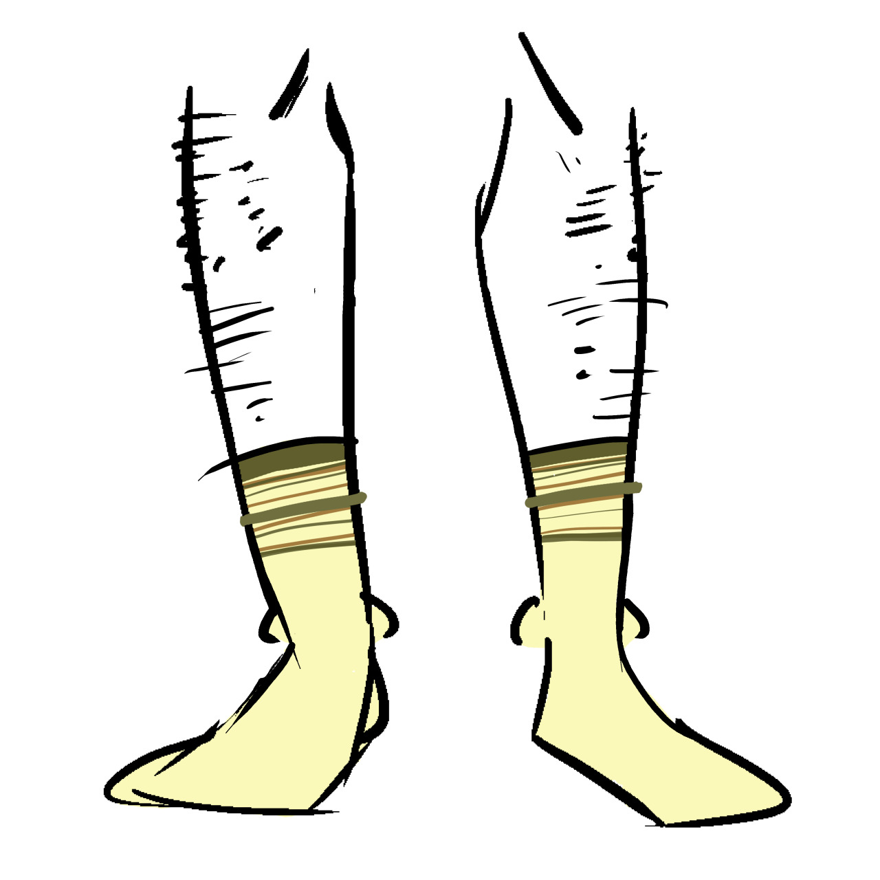 Yellow socks with brown and orange bands at the top.