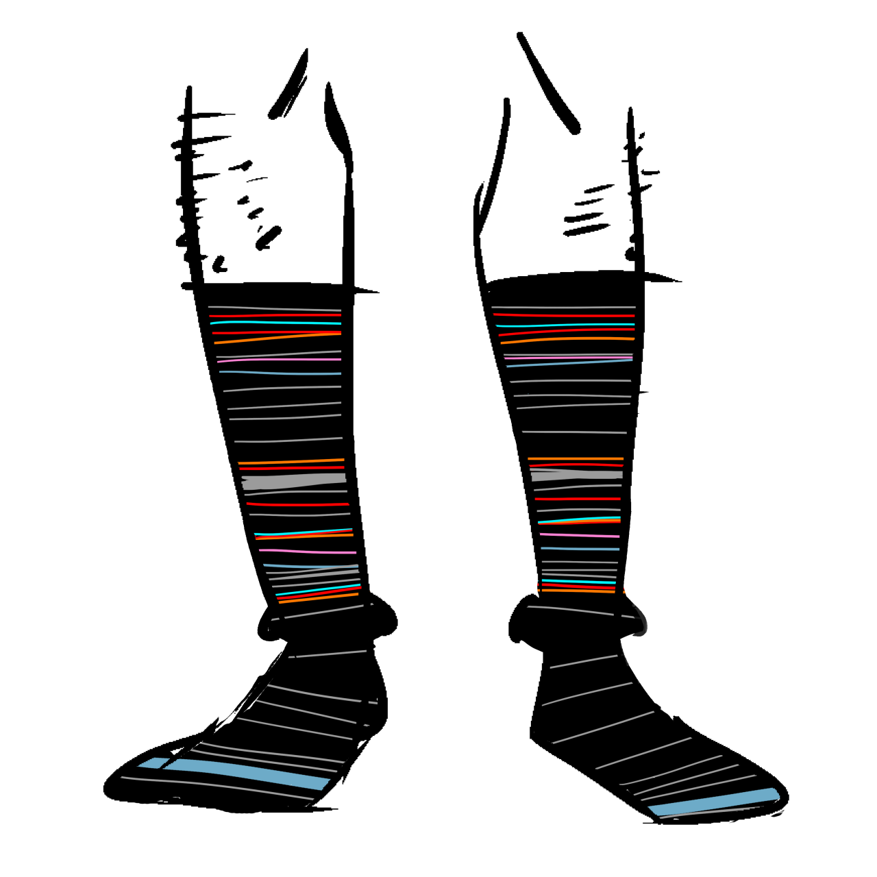 Black socks with thin stripes of red, purple, grey, and blue