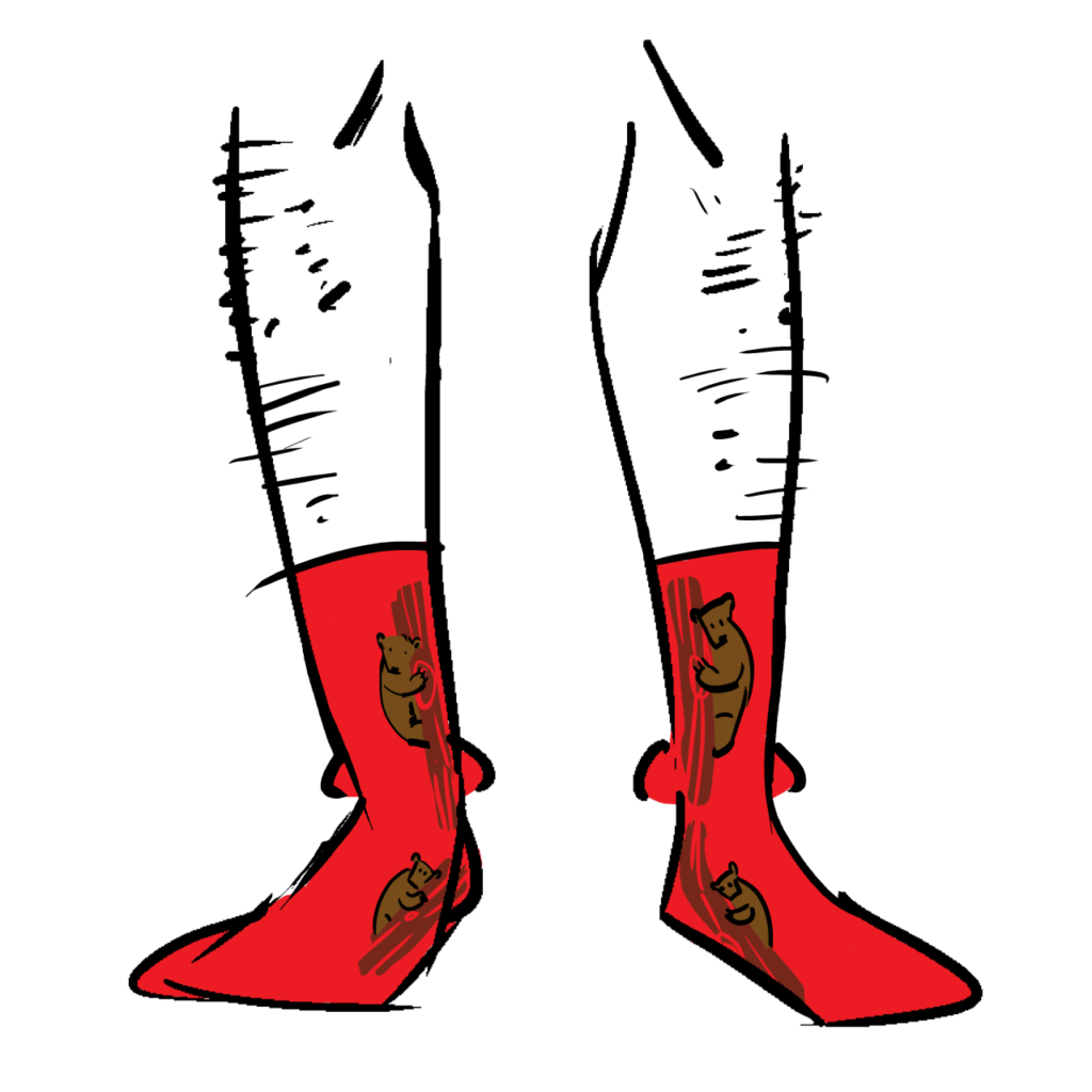 Red socks with bears in trees on them