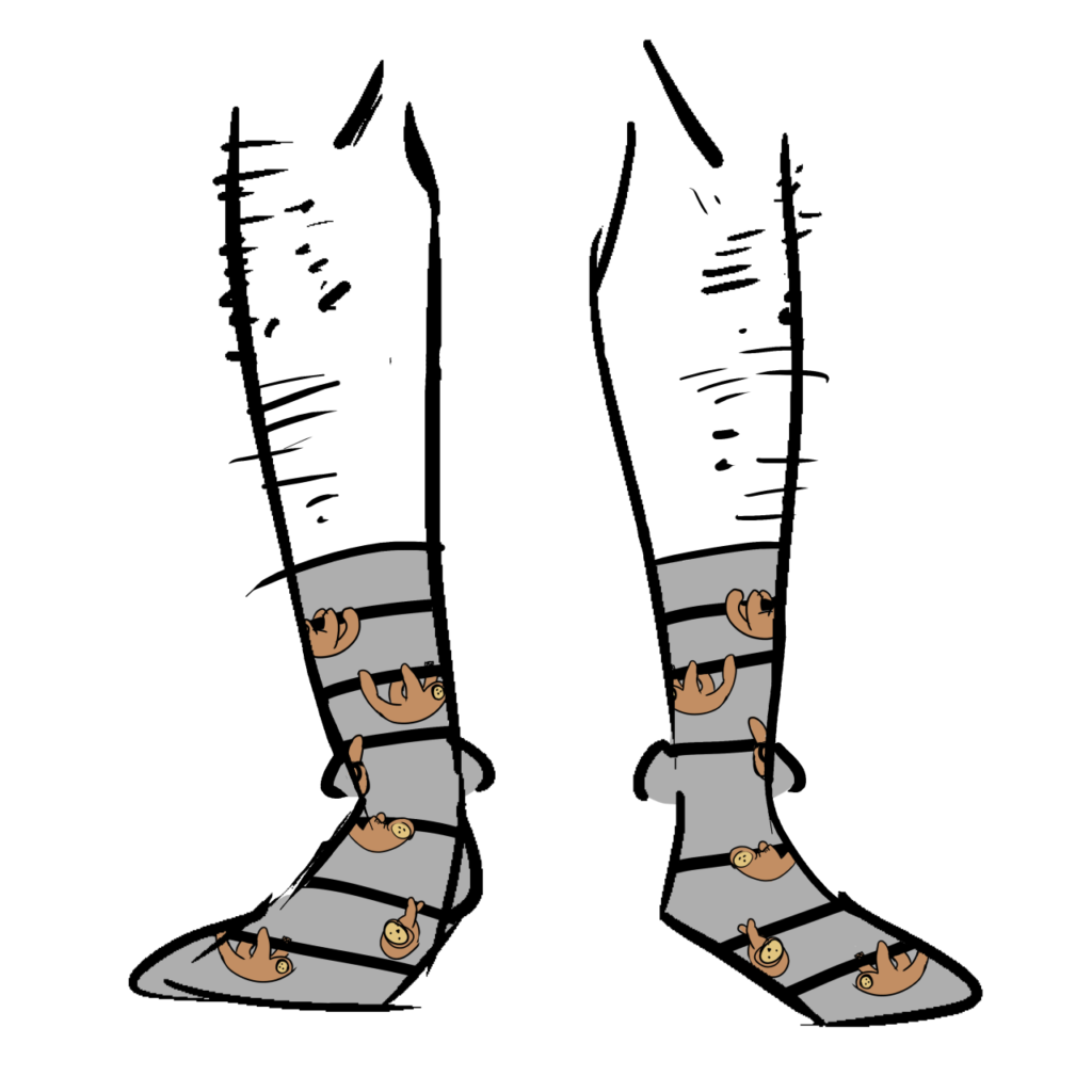 Grey socks with sloths hanging from black horizontal stripes