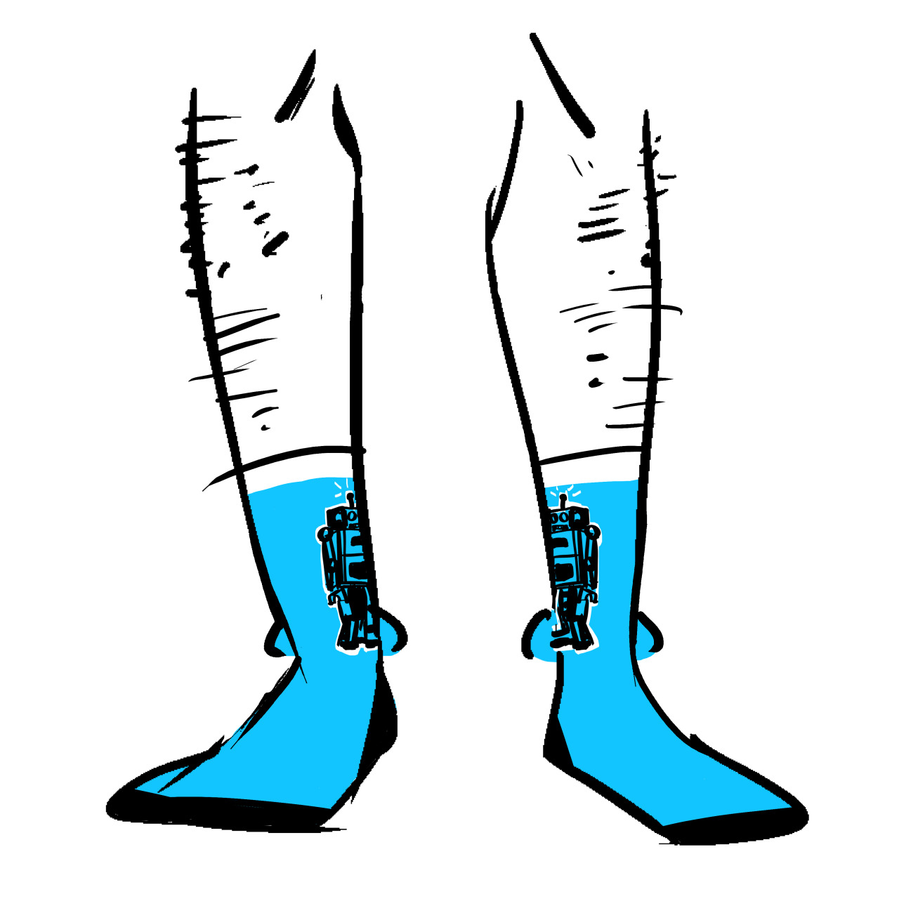 Blue socks with black outlines of wind-up robots on them,