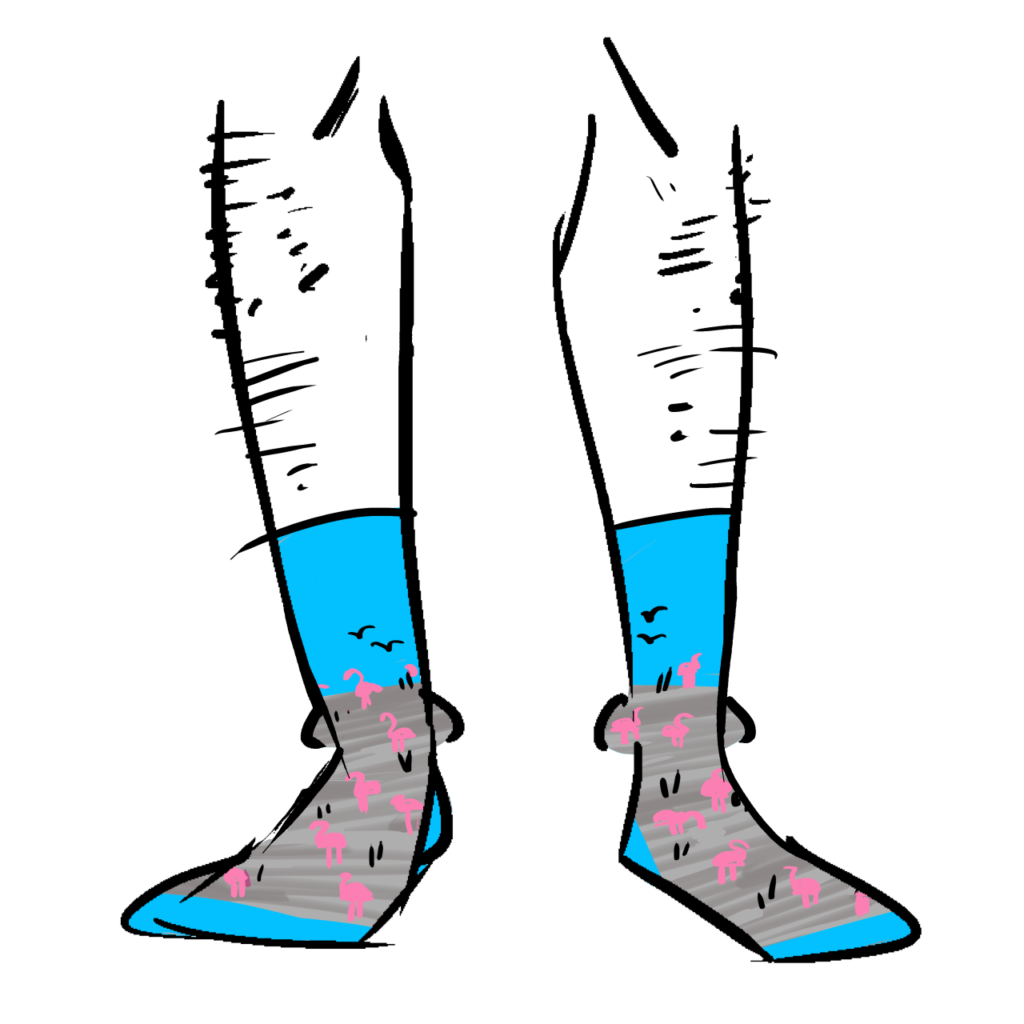 Blue socks with pink flamingos standing grey water.