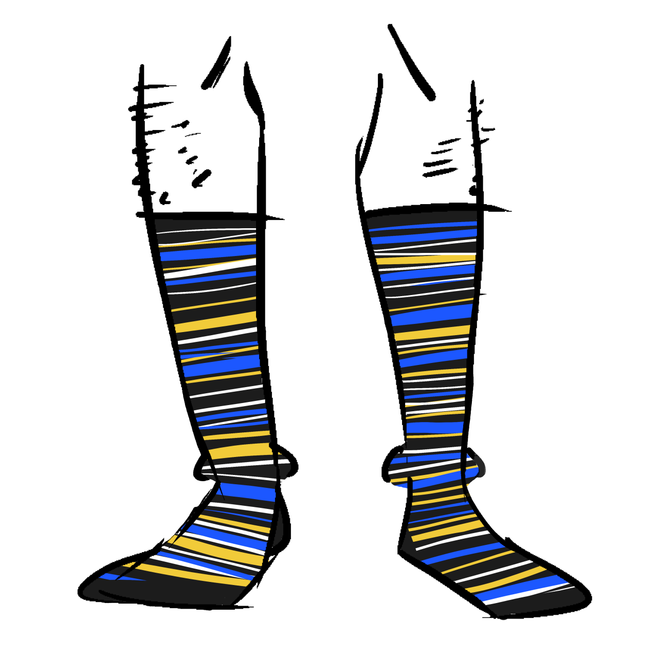 Black socks with blue, yellow, and white stripes