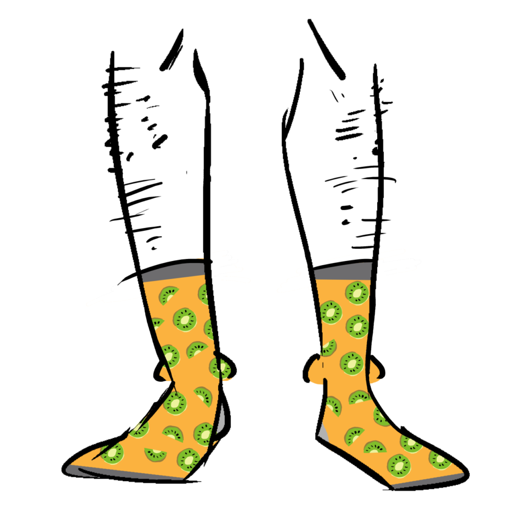 Orange socks with a pattern of halved kiwi fruits on them. Drawn by Mal Jones.