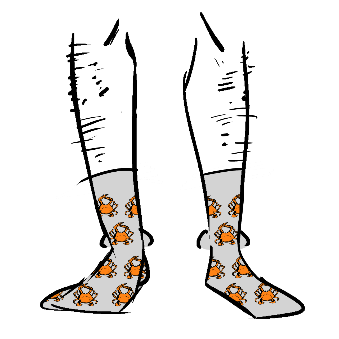 Grey socks with a pattern of orange crabs on them.