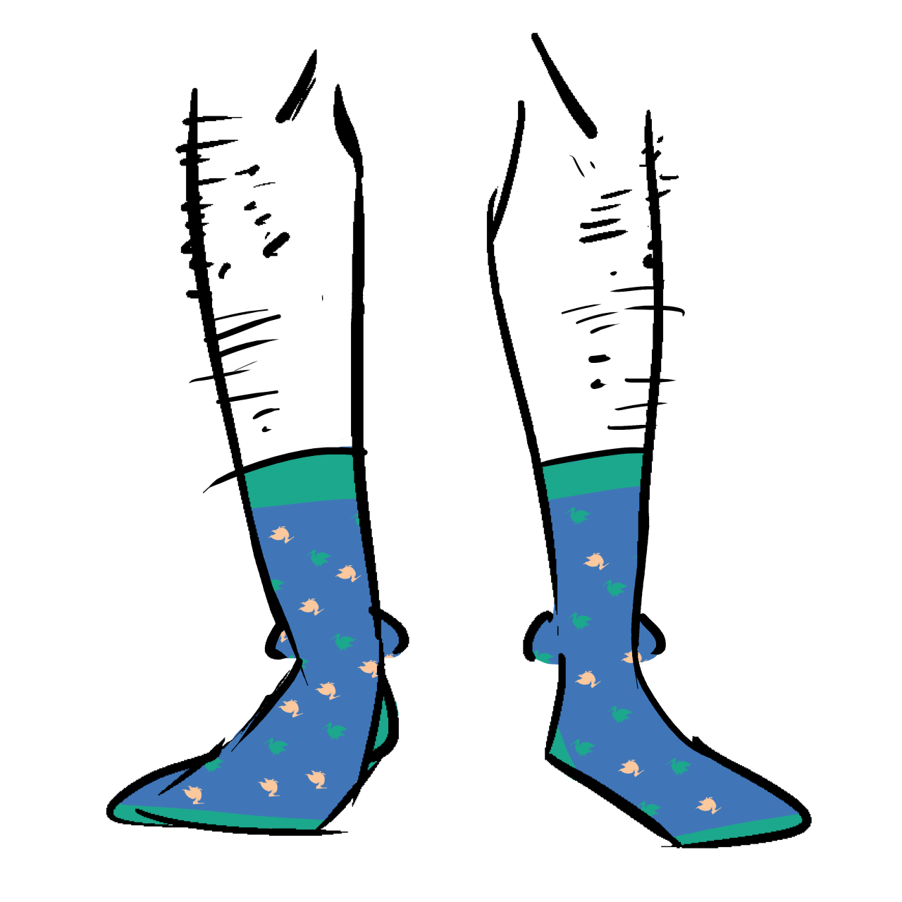 Blue and green socks with a pattern of green and beige pelicans on them.