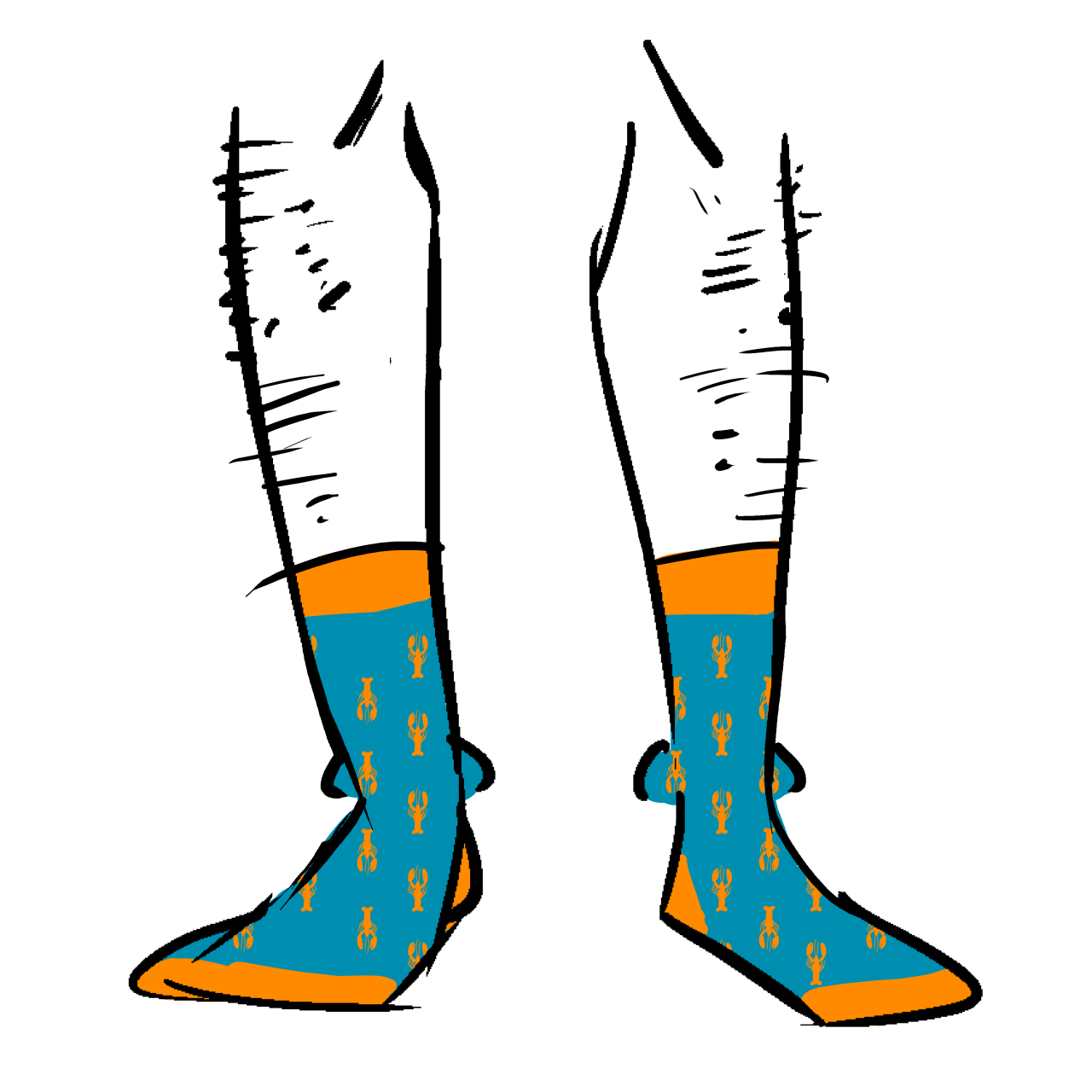 Blue socks with an orange toe band and orange calf band. The pattern is made of orange lobsters.