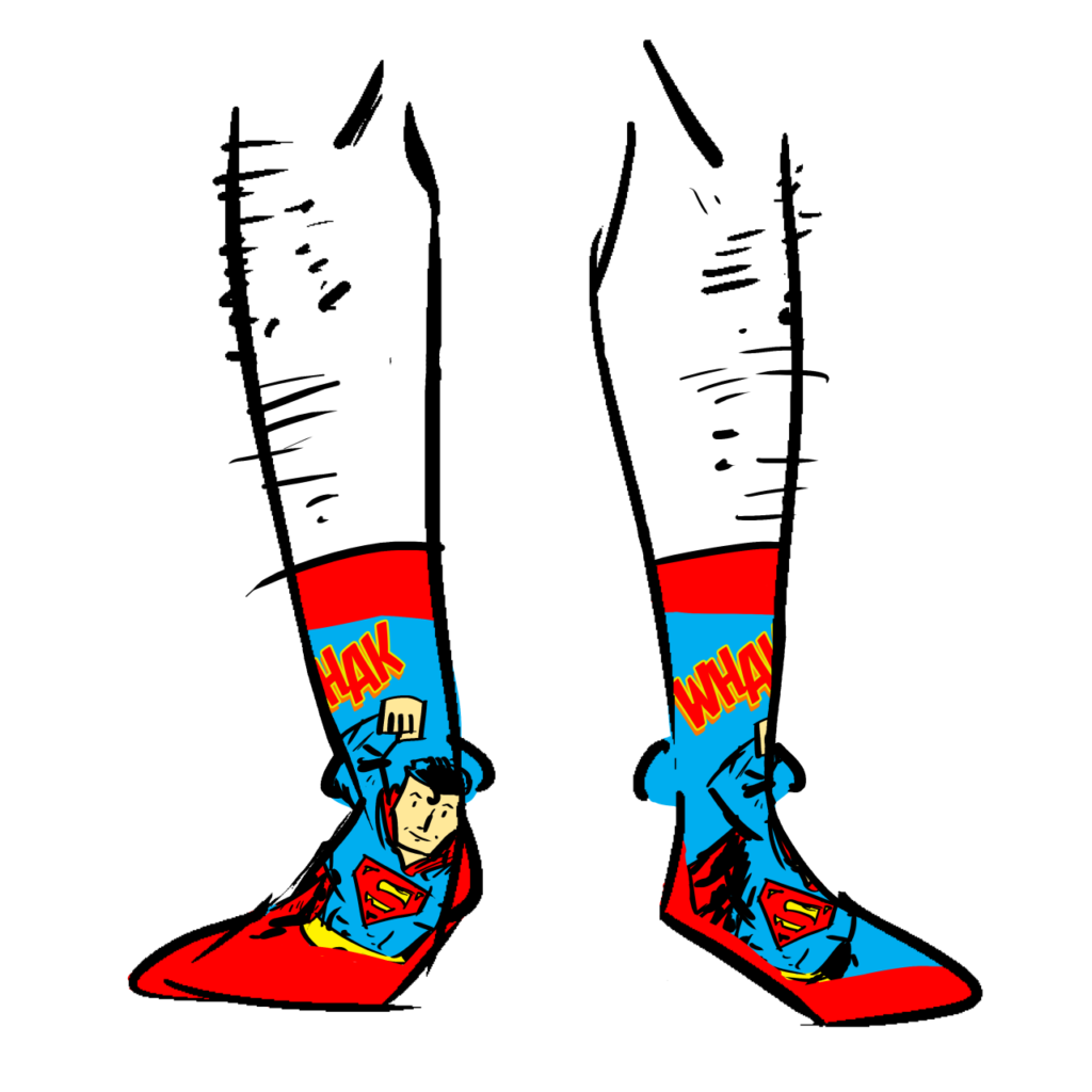 Blue and red socks with a drawing of Superman and sound effect that says "Wham!"