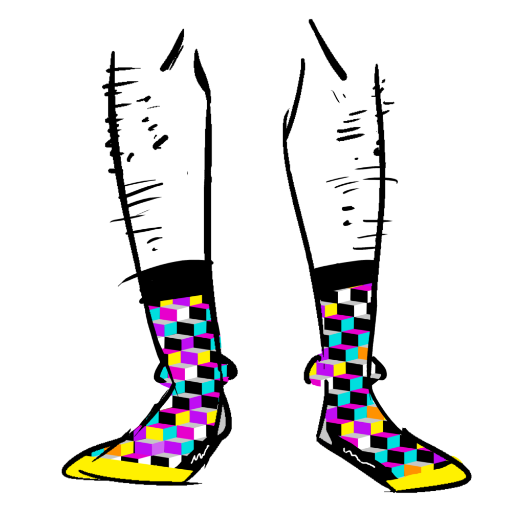 Black socks with a yellow toe. The pattern is brightly colored cubes.