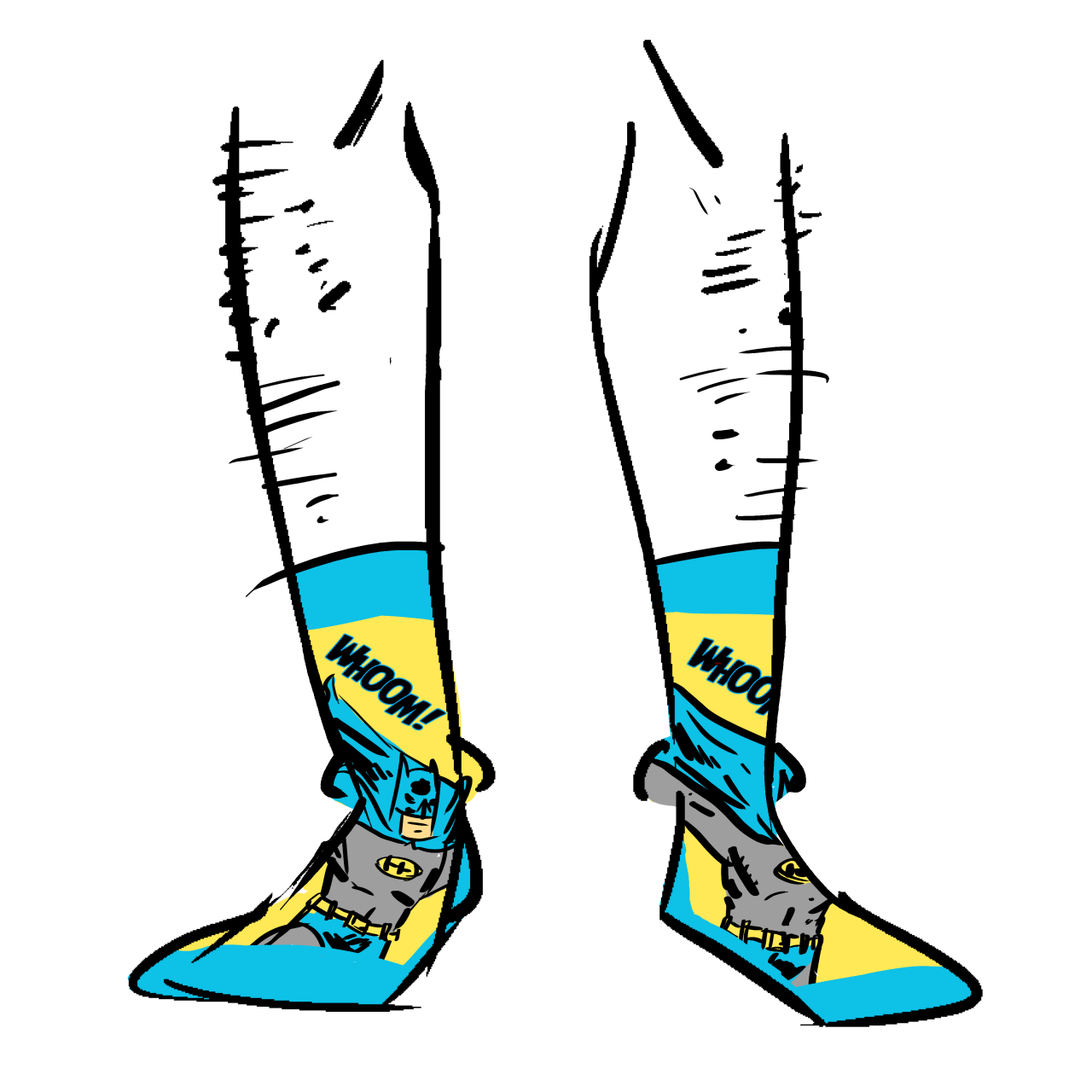 Blue and yellow socks showing Batman and the sound effect "Badoom!"