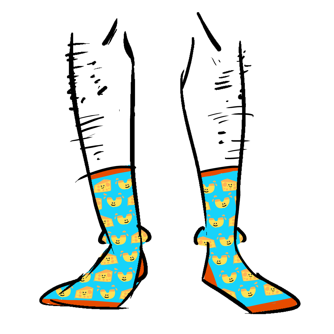 Blue socks with red toe band and red calf band. The pattern is a noodle and wedge of cheese.