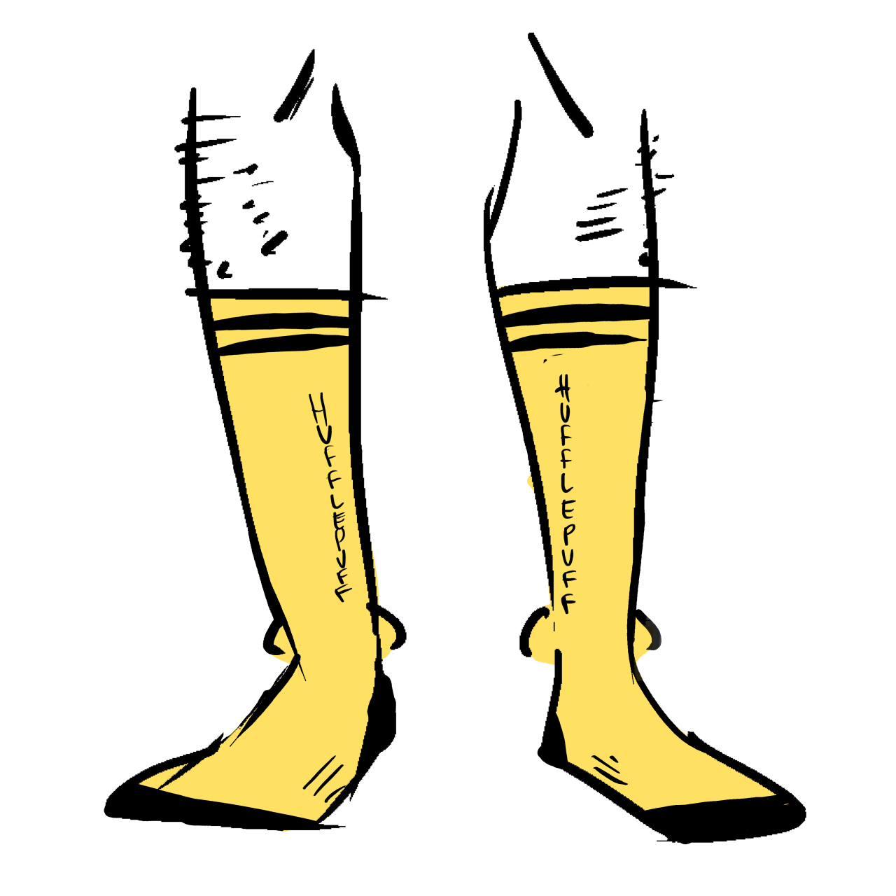Yellow socks that say Hufflepuff down the length of them.