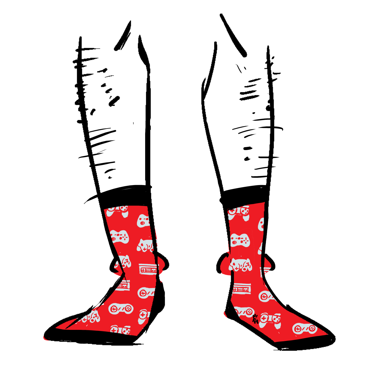 Red socks with a pattern of grey game controllers on them.