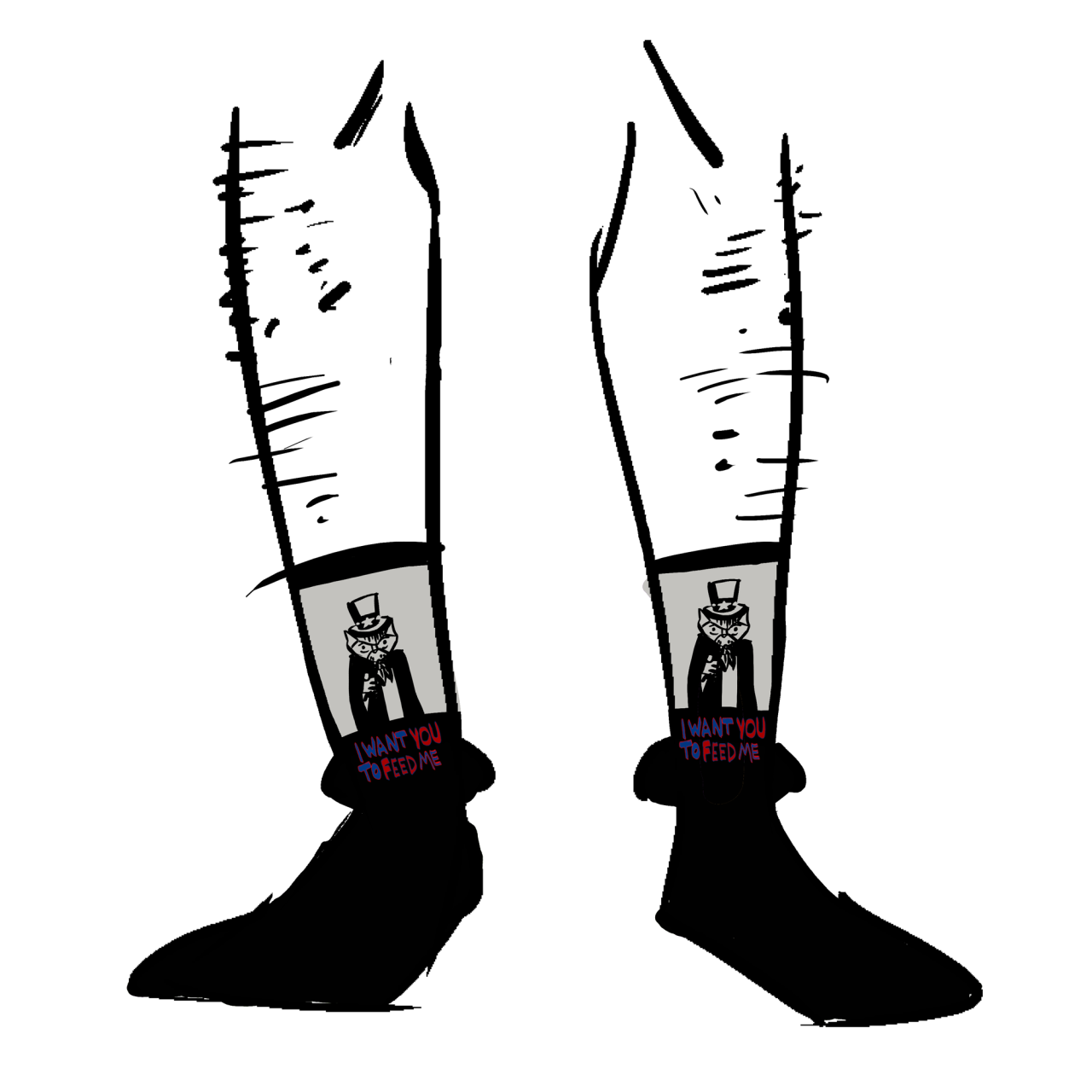 Black socks with a cat dressed as Uncle Sam. The text says "I want you to feed me."