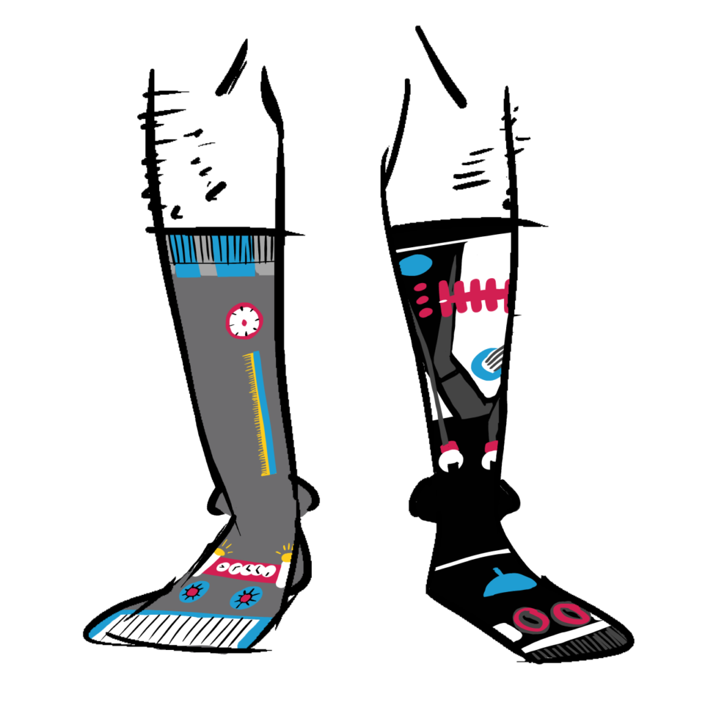 Calf-high socks that have two robots, one grey, one black