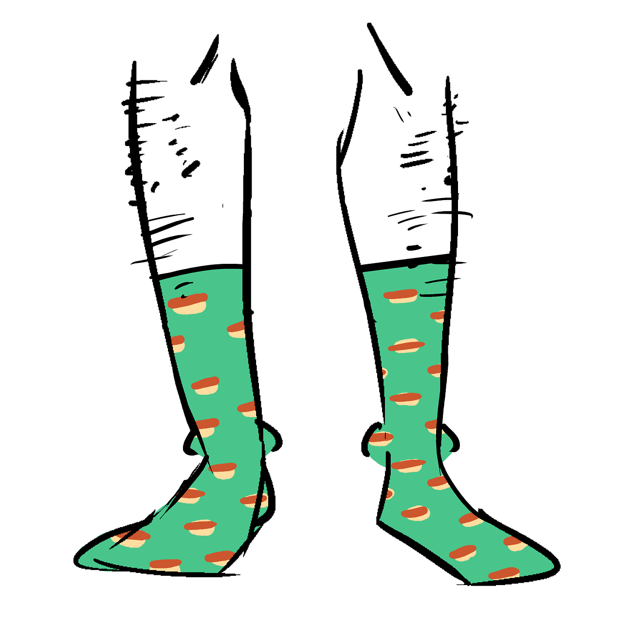 Green socks with a pattern of hot dogs on them