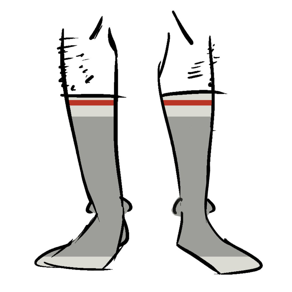 Grey socks with red stripes around the calves