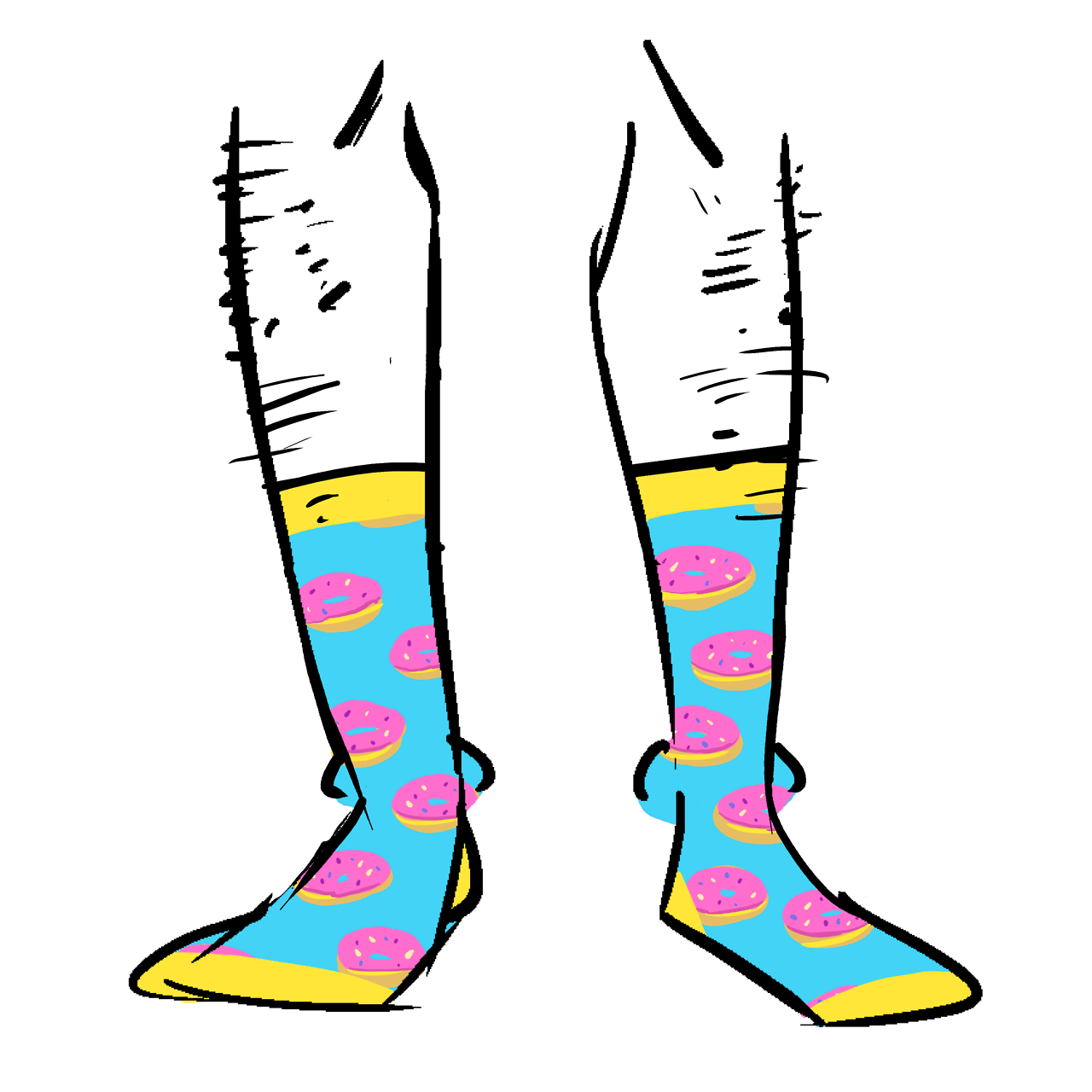 Blue and yellow socks with a pattern of pink frosted donuts