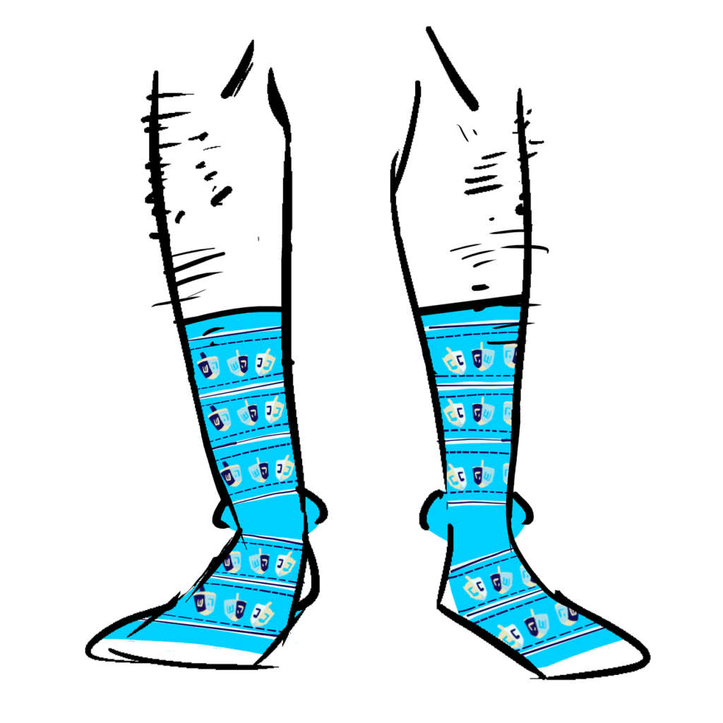 Bright blue socks with rows of dreidels as the pattern.