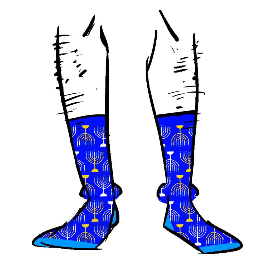 Blue socks with a pattern of menorahs