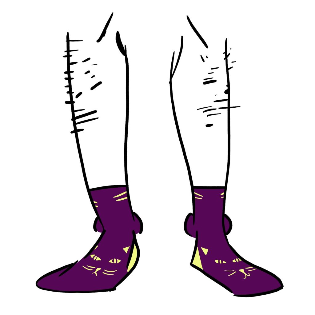 Purple socks with yellow cat eyes and yellow cat whiskers.