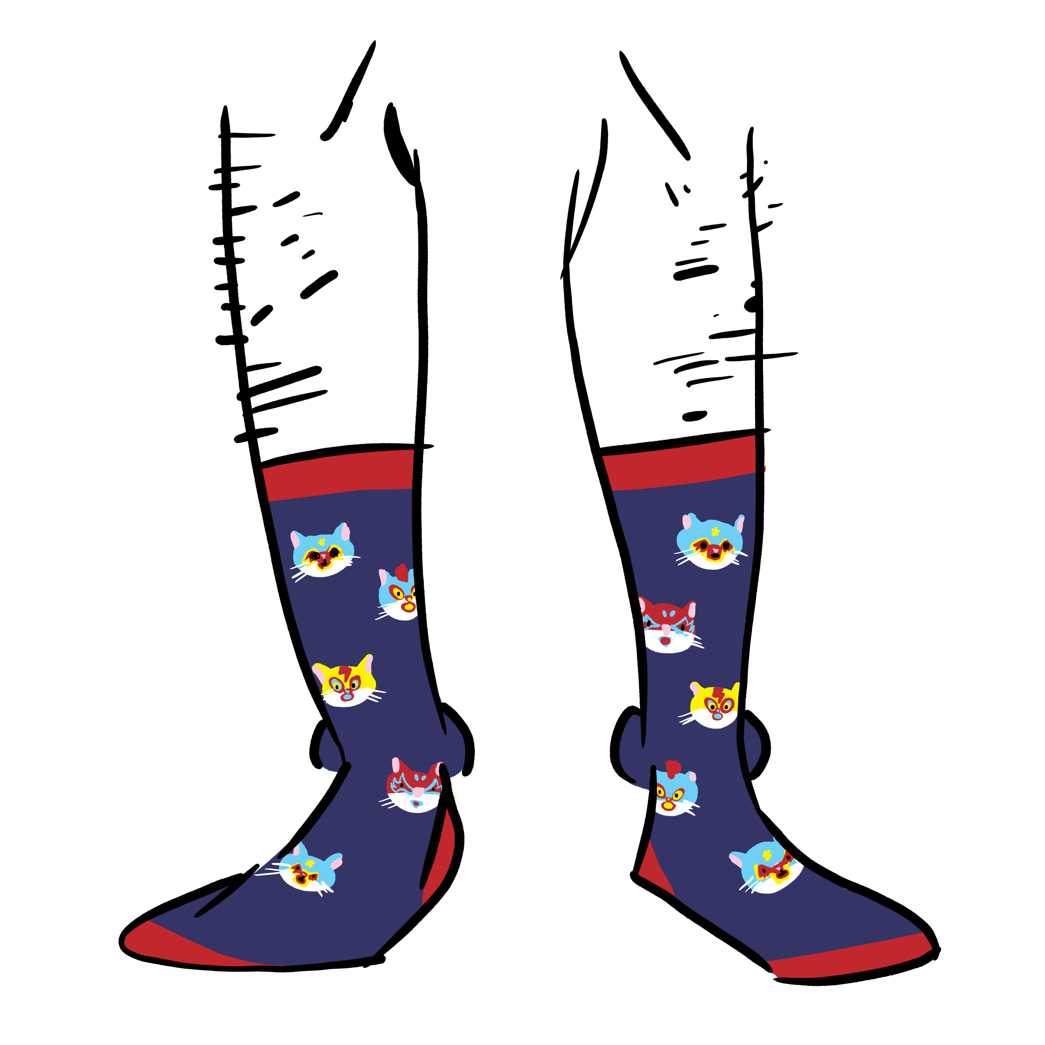 Blue socks with the faces of cats as a pattern. The cats are wearing luchadore masks.