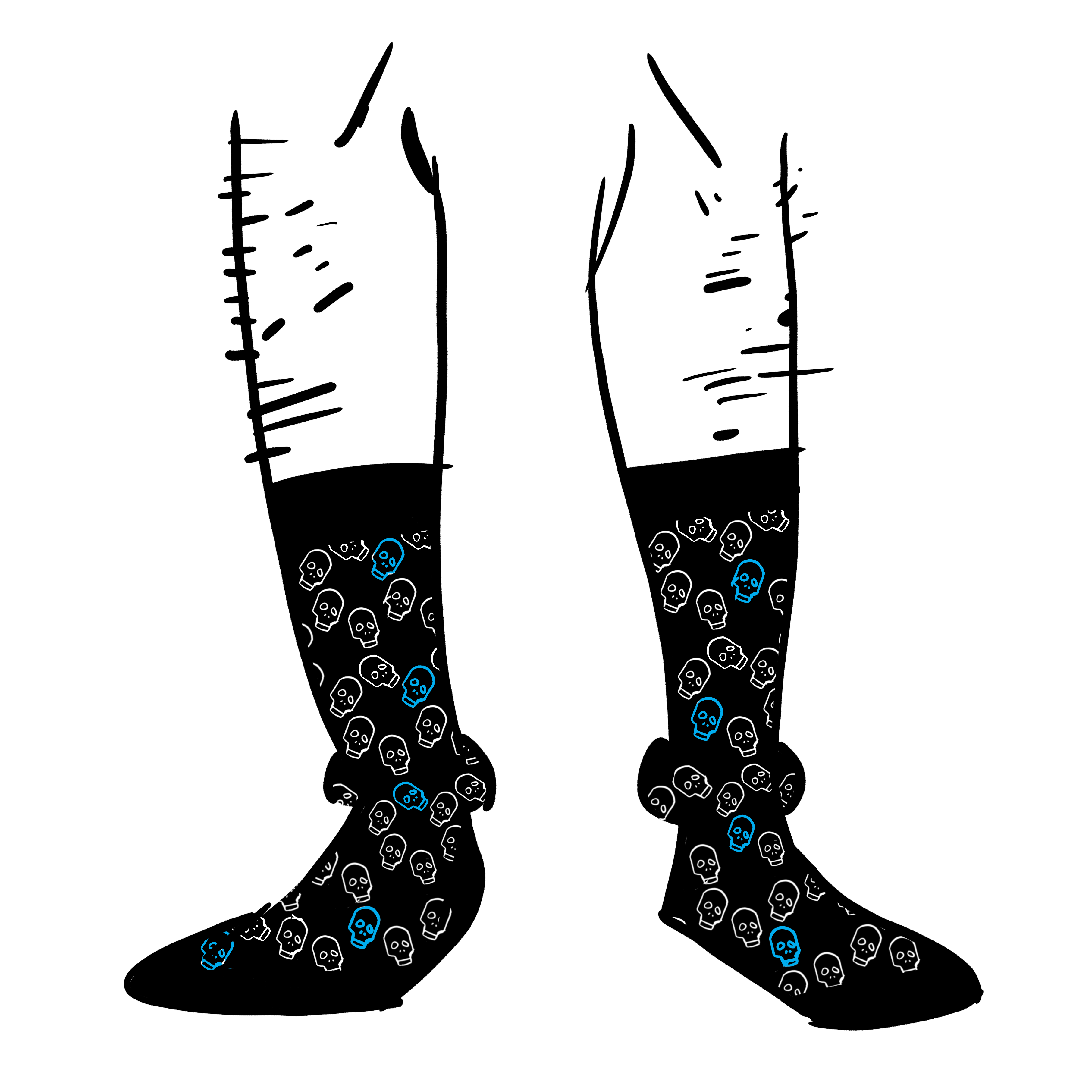 Black socks with a pattern of skulls. The skulls are white outlines in a repeating circle. Occasionally there is a blue skull.