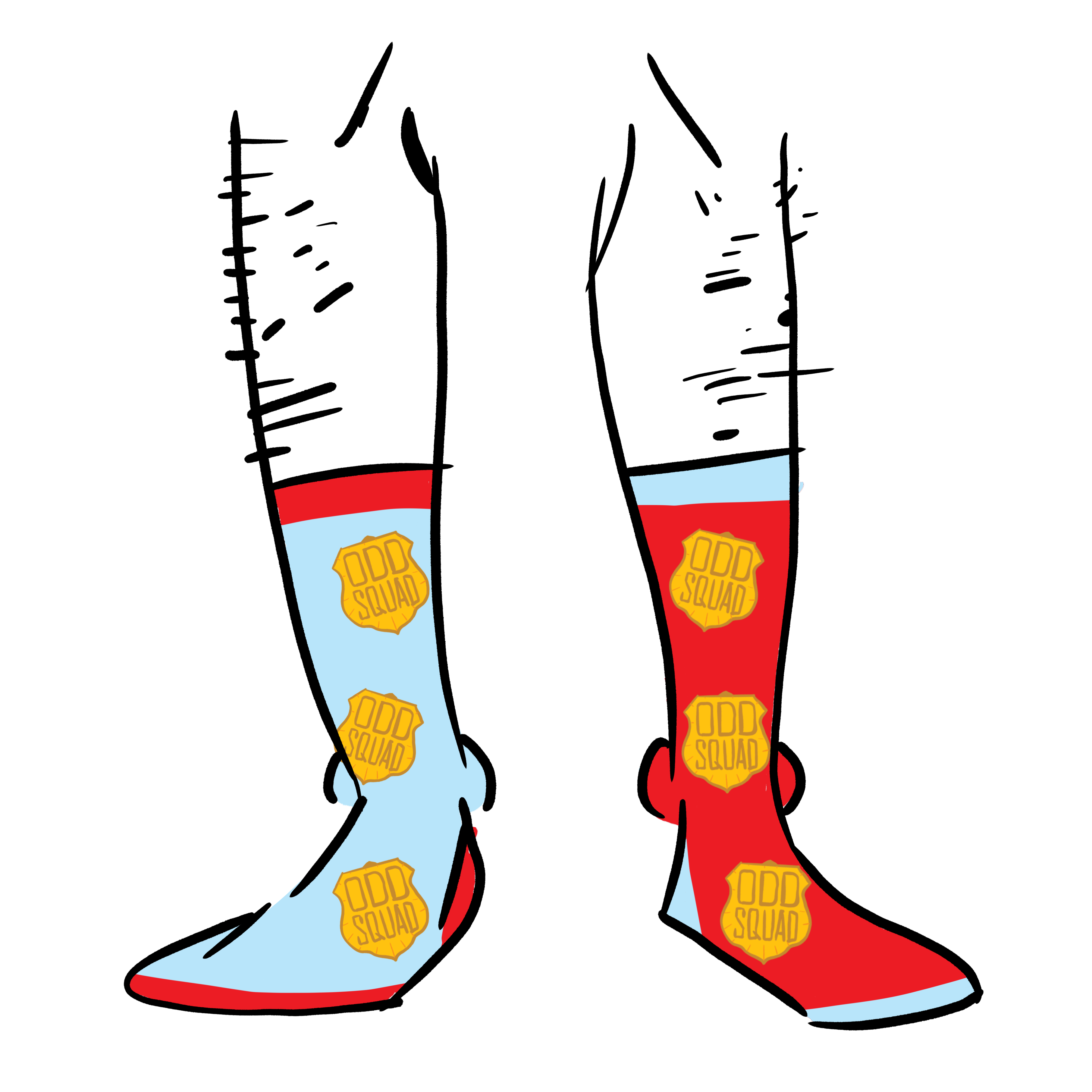 Left sock is red, the right sock is light blue. Both socks have the Odd Squad logo as a pattern.