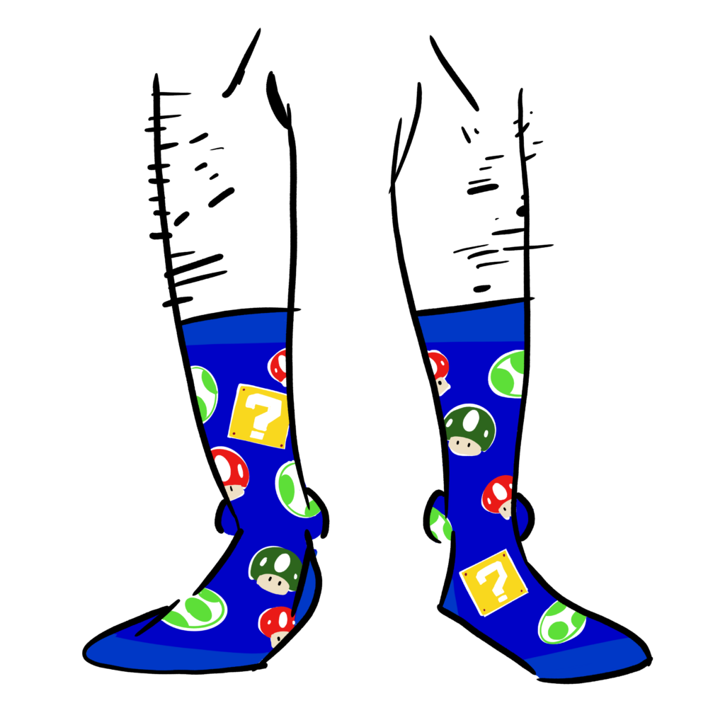 Blue socks with Super Mario Bros elements on them. A Question Mark box, a 1up mushroom, a growing mushroom, and a koopa.