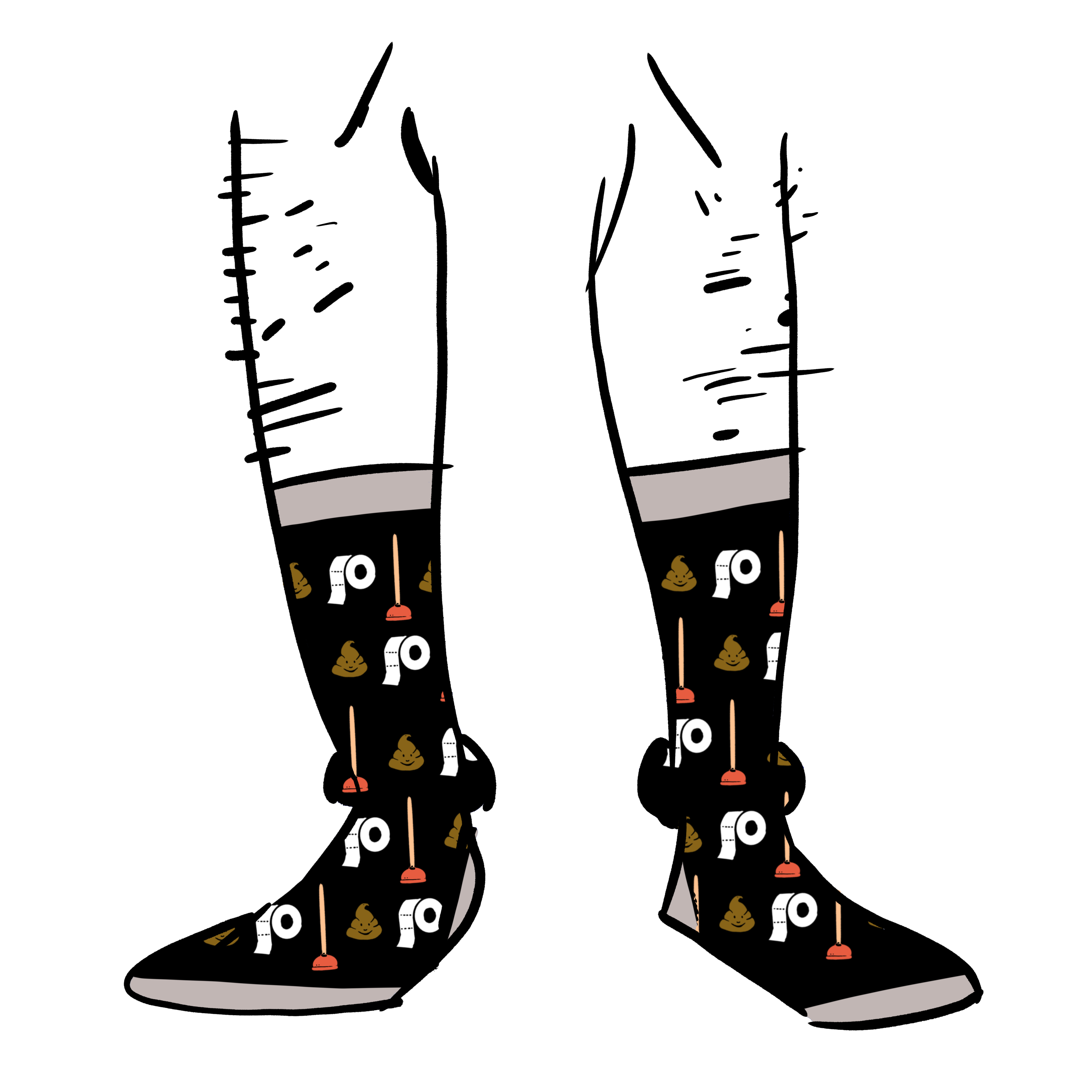 Black socks with a pattern made up of a plunger, toilet paper, and the poop emoji on them.