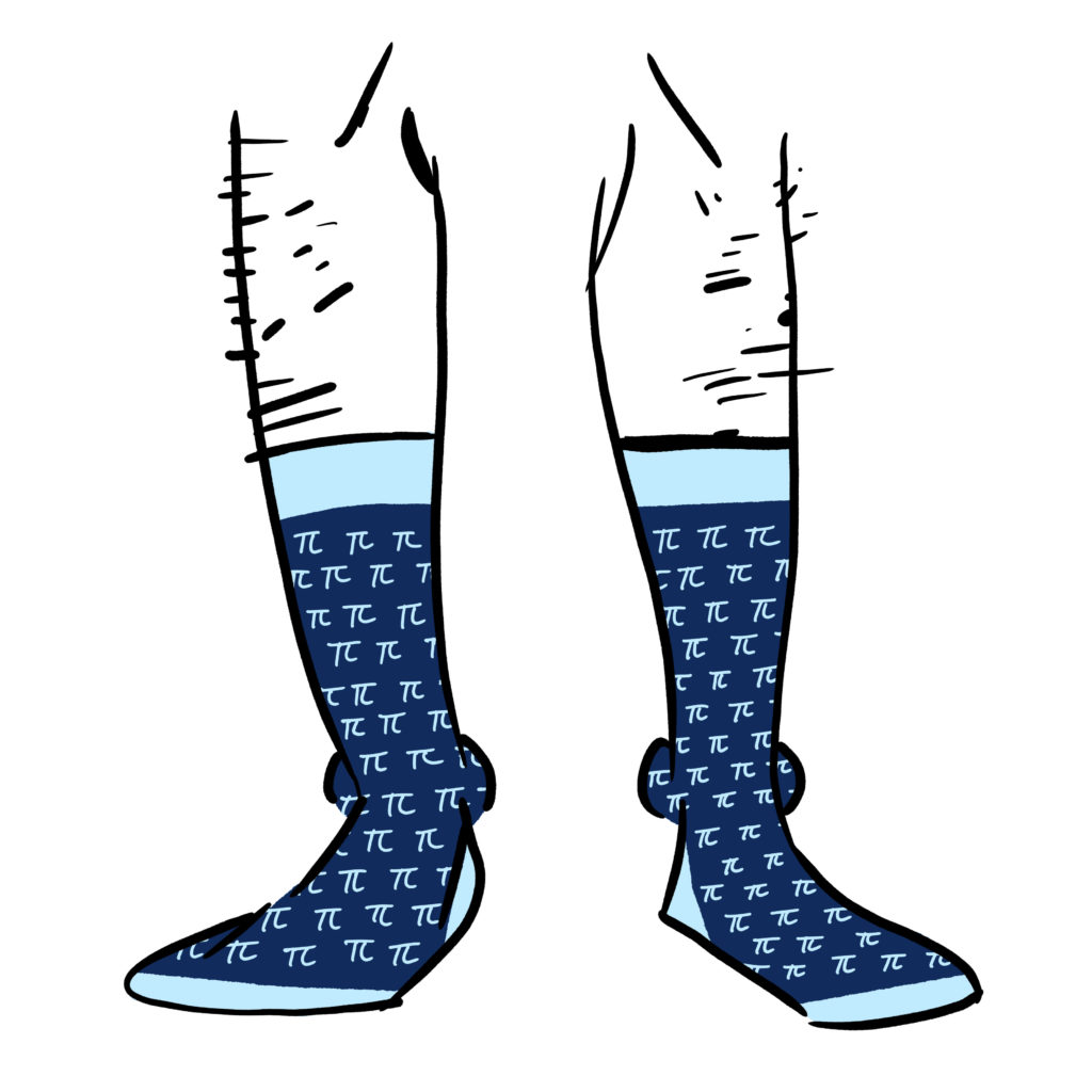 Dark blue socks with a pattern of pi symbols on them