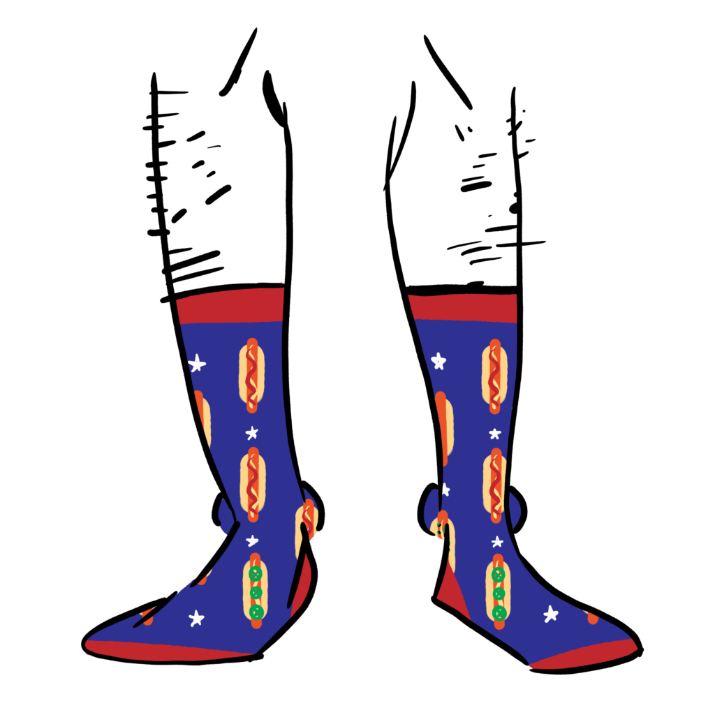 Hot dogs on blue socks with stars