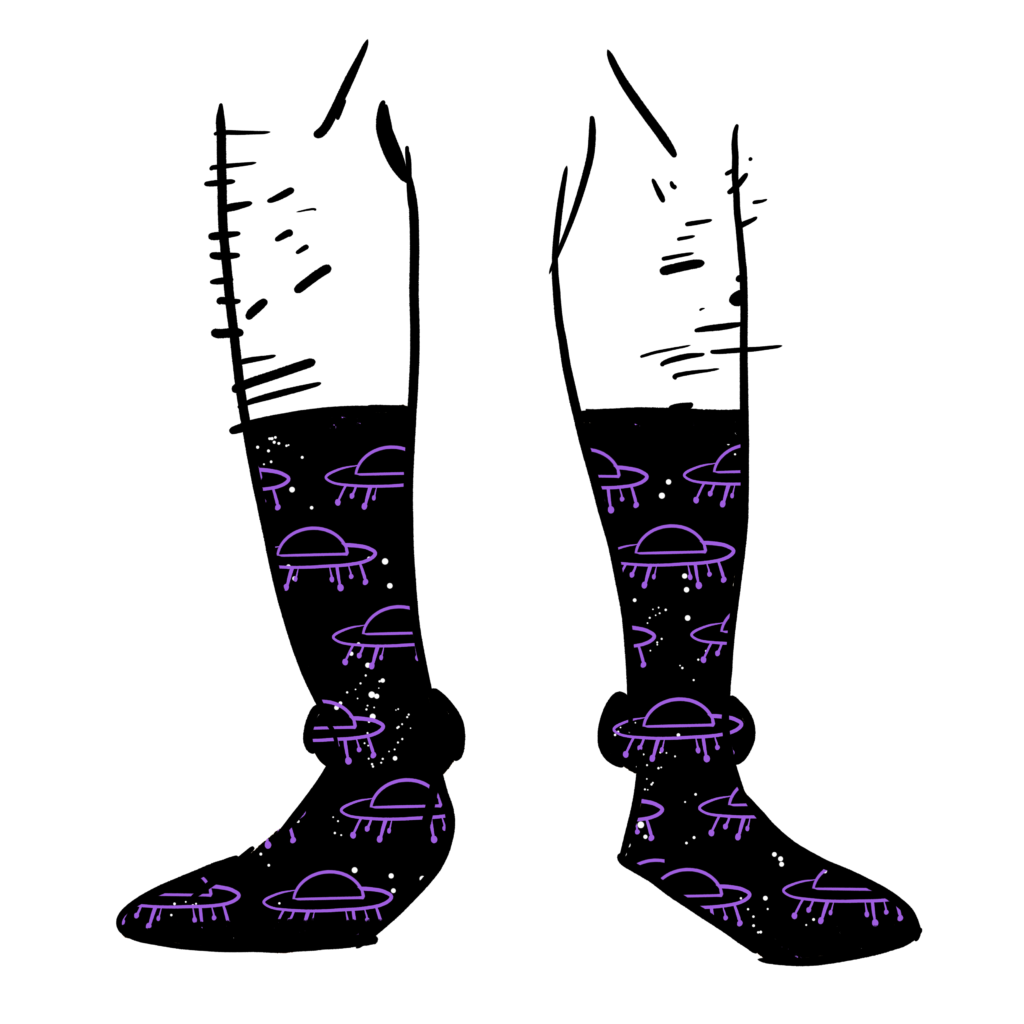 Purple line drawings of UFOs on black socks