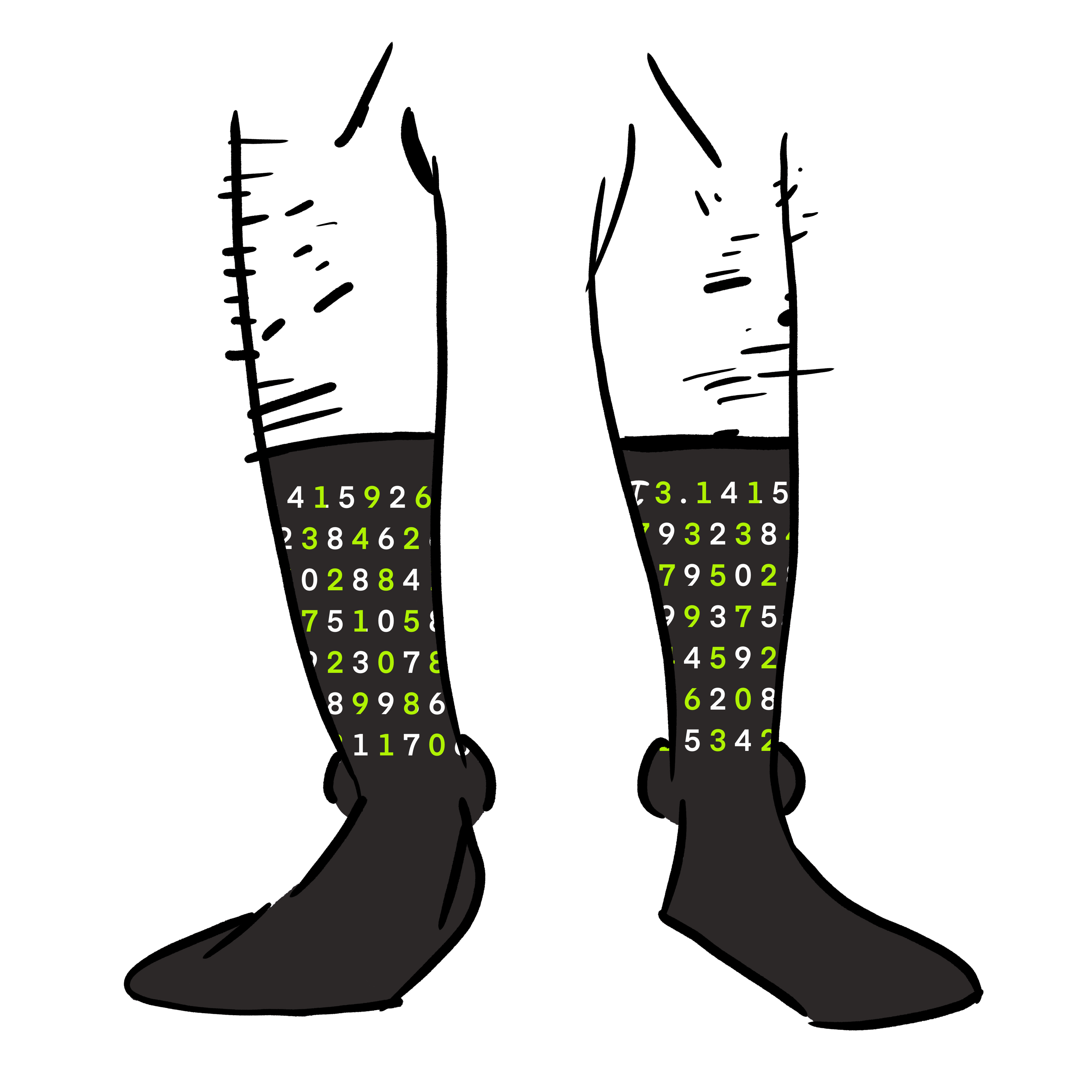 Black socks with the numbers of Pi in green and white.