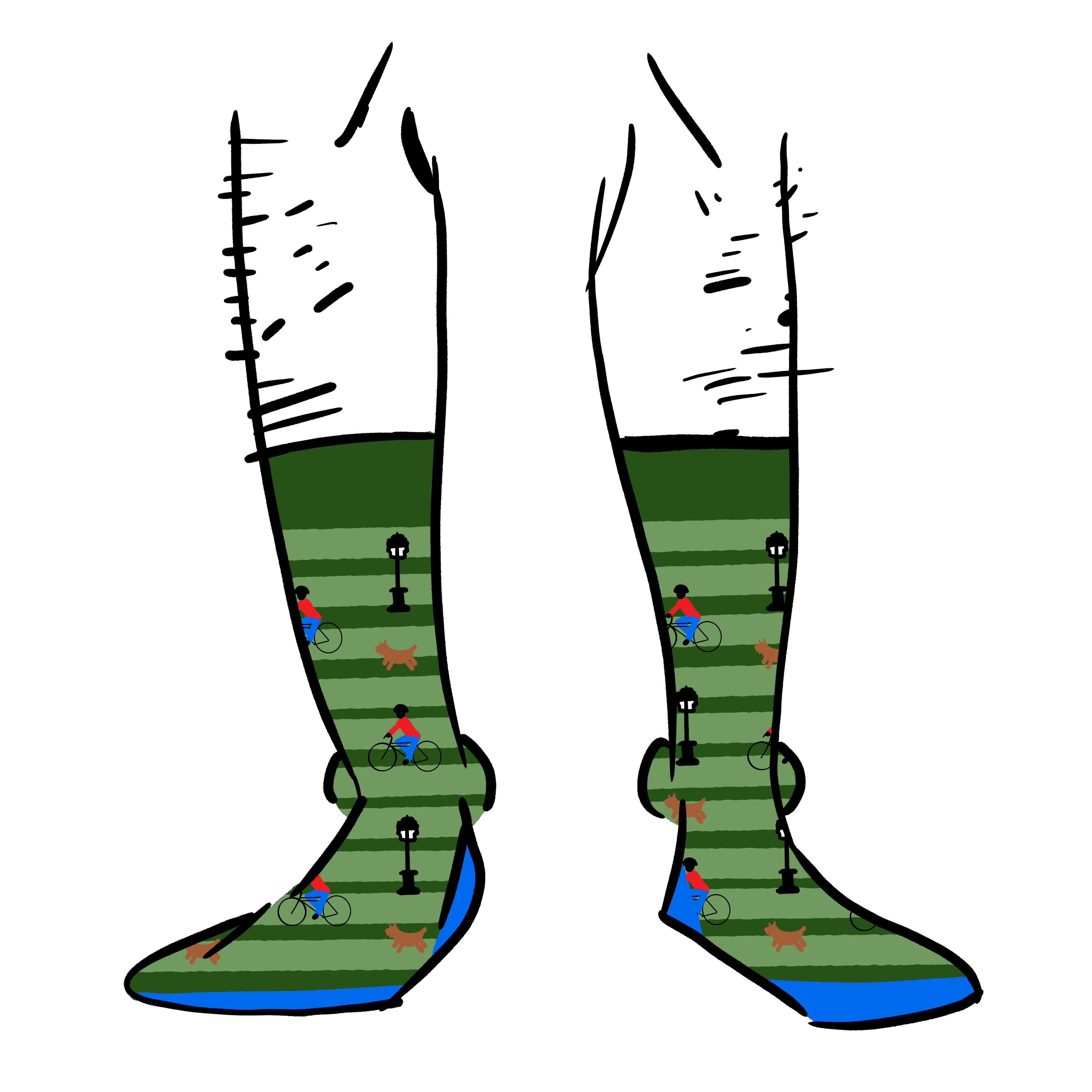 Dark green and light green striped socks. They have blue toes and heels. A lampost, a bike rider, and a dog are printed on them in a pattern.