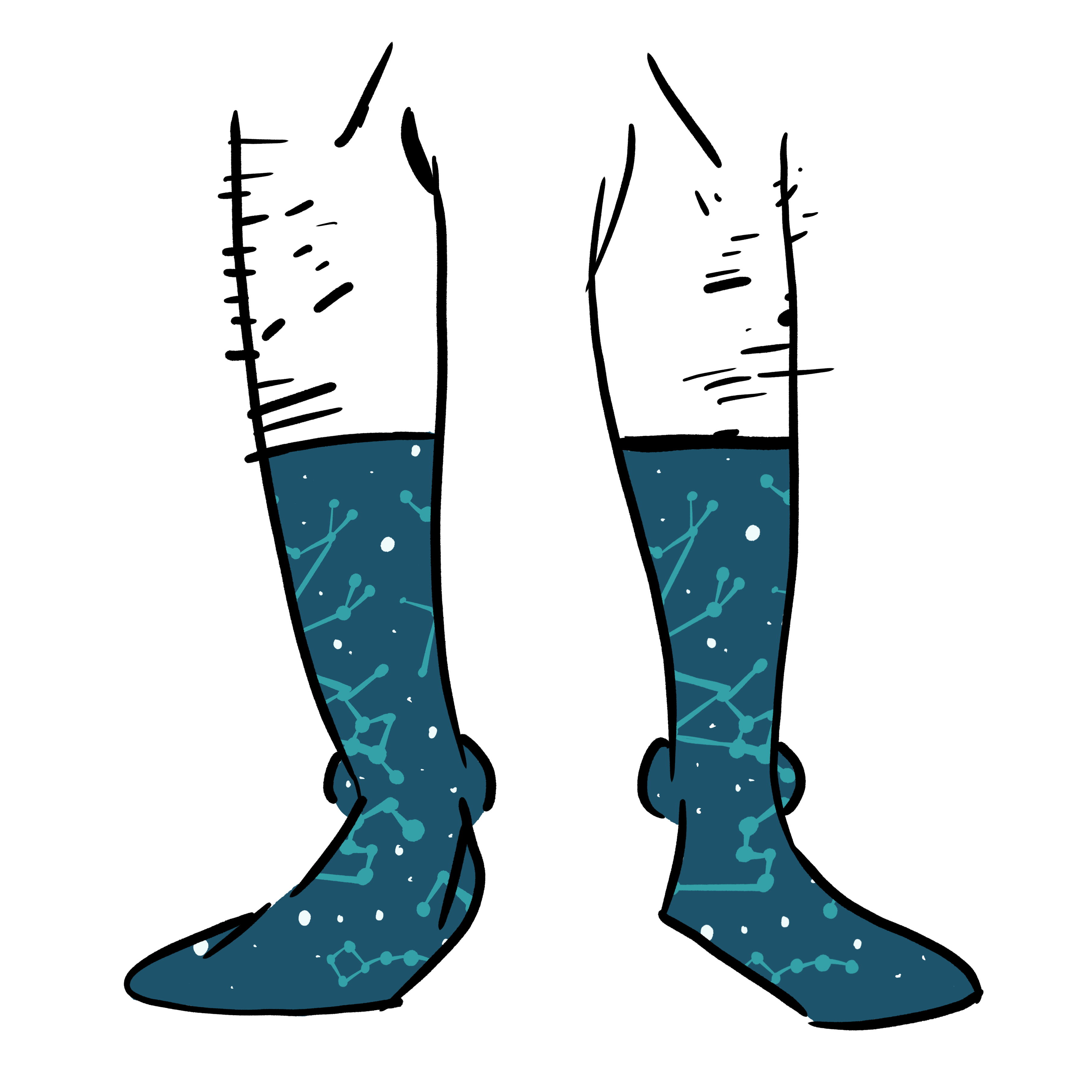 Dark teal socks with light teal drawings of constellations on them.