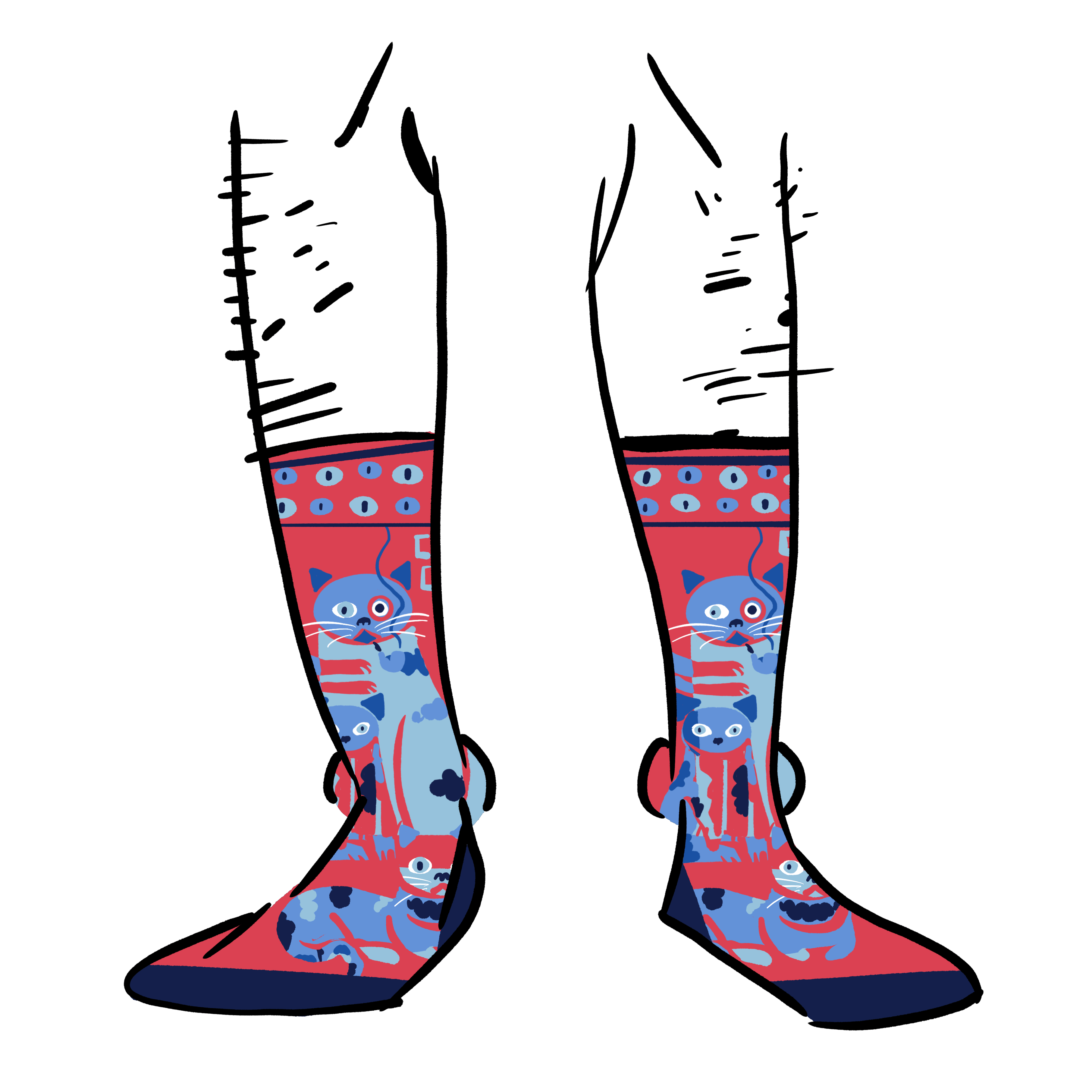 Red socks with abstract drawings of cats on them.