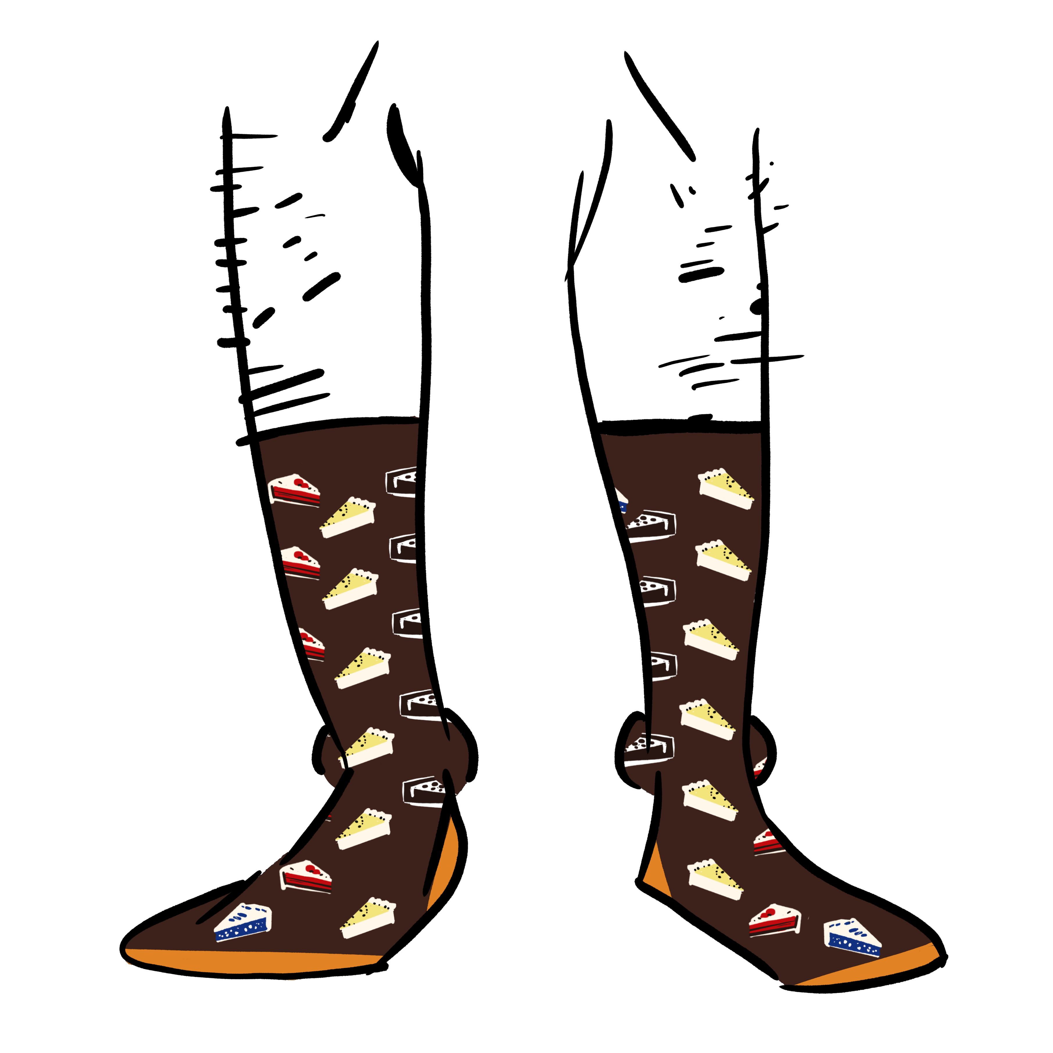 Brown socks with illustrations of slices of pie on them.