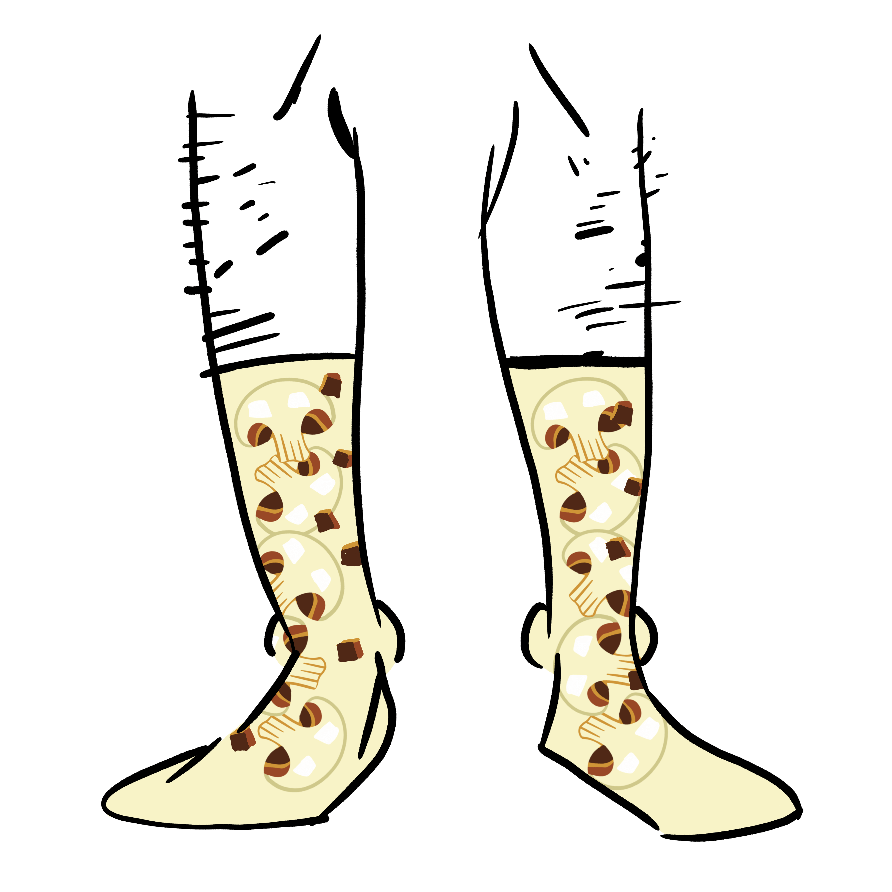 Yellow socks with mushrooms on them.