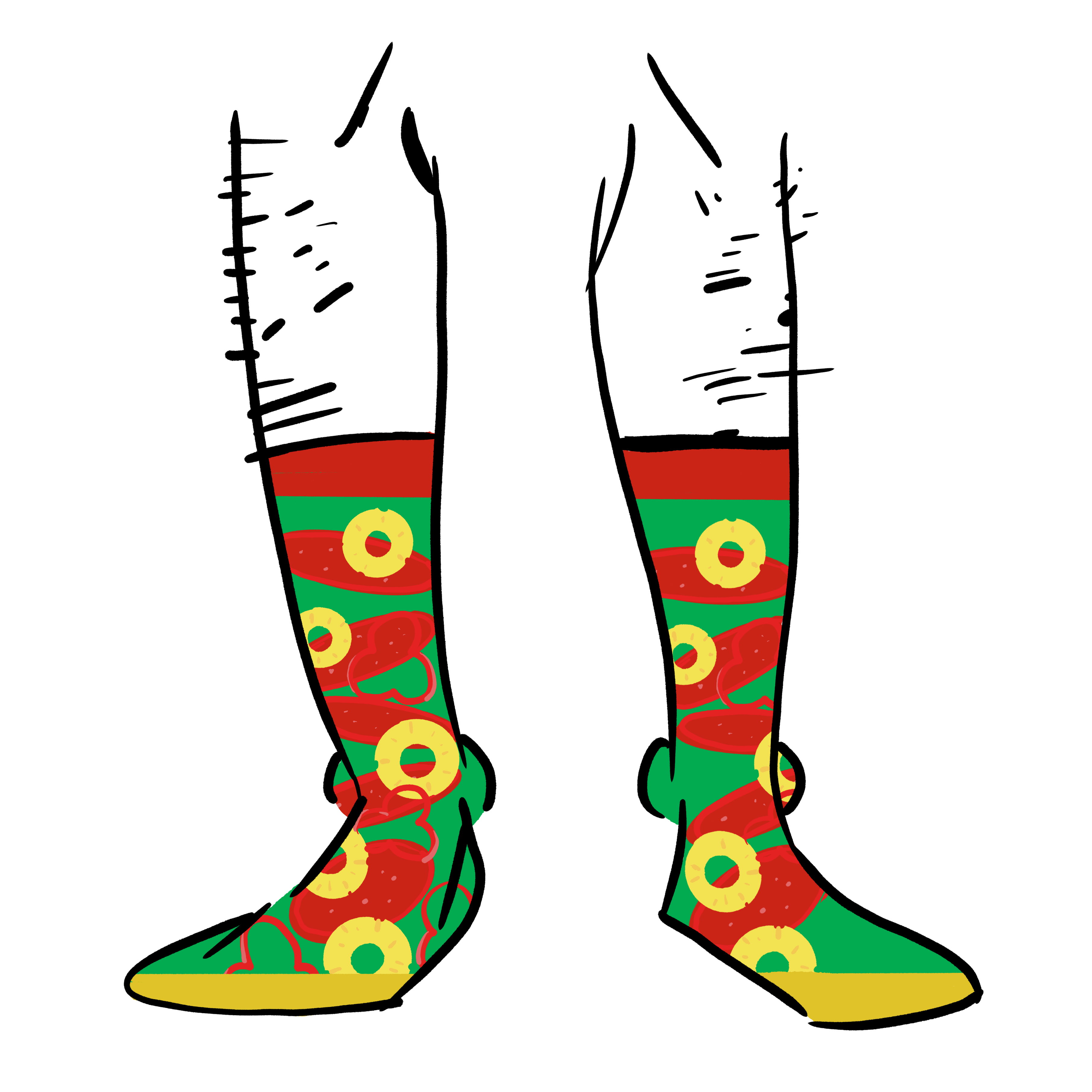 Socks with pepperoni, pineapple rings, and bell peppers on them. The socks are green.