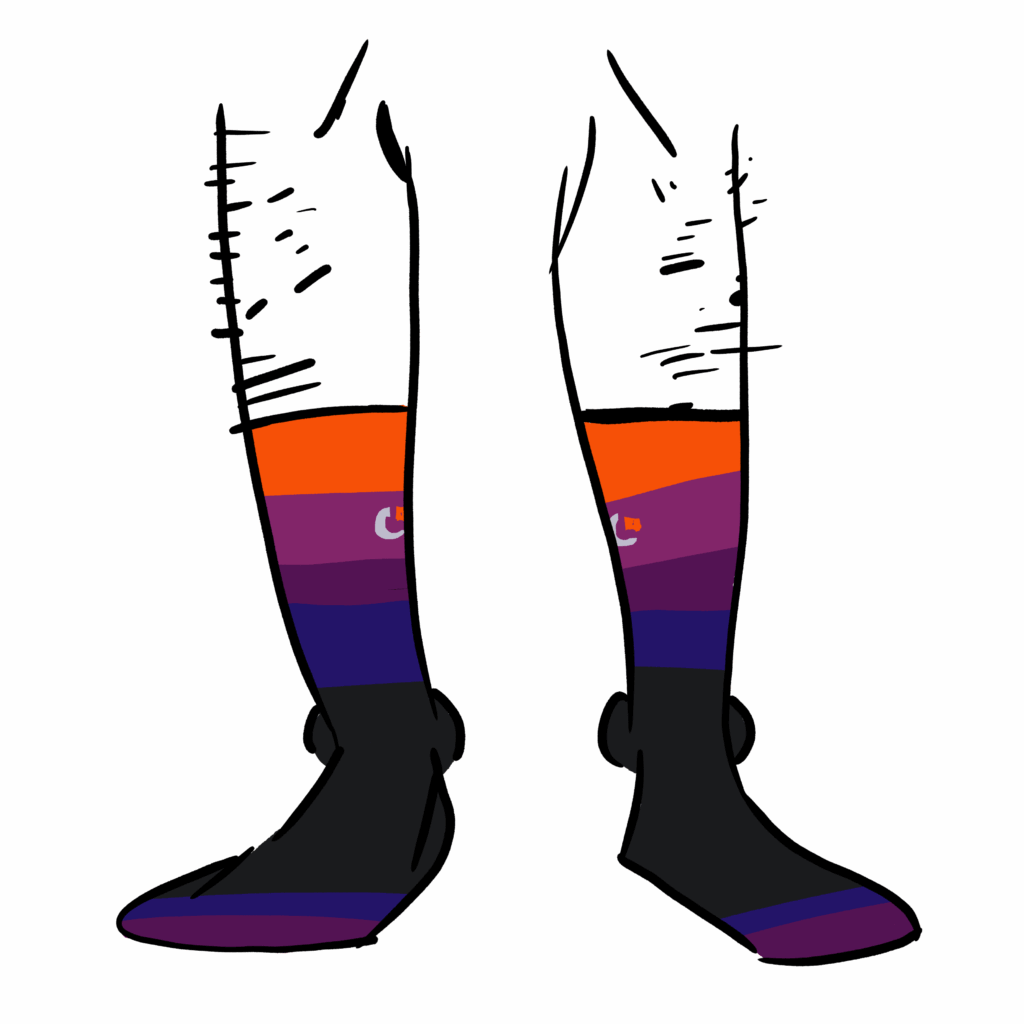 Striped socks. The stripes are orange, purple, blue, and black.