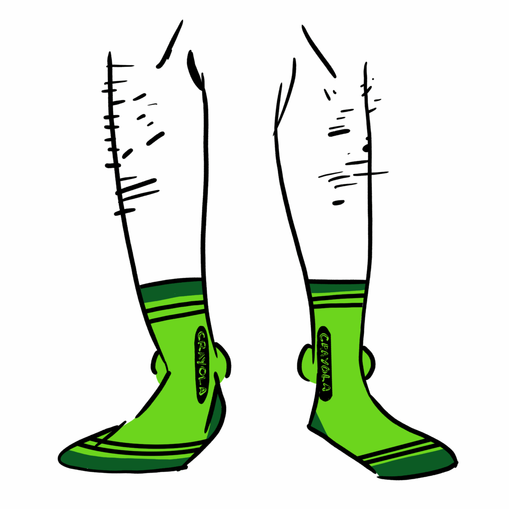 Bright green socks that are designed to look like Crayola crayons
